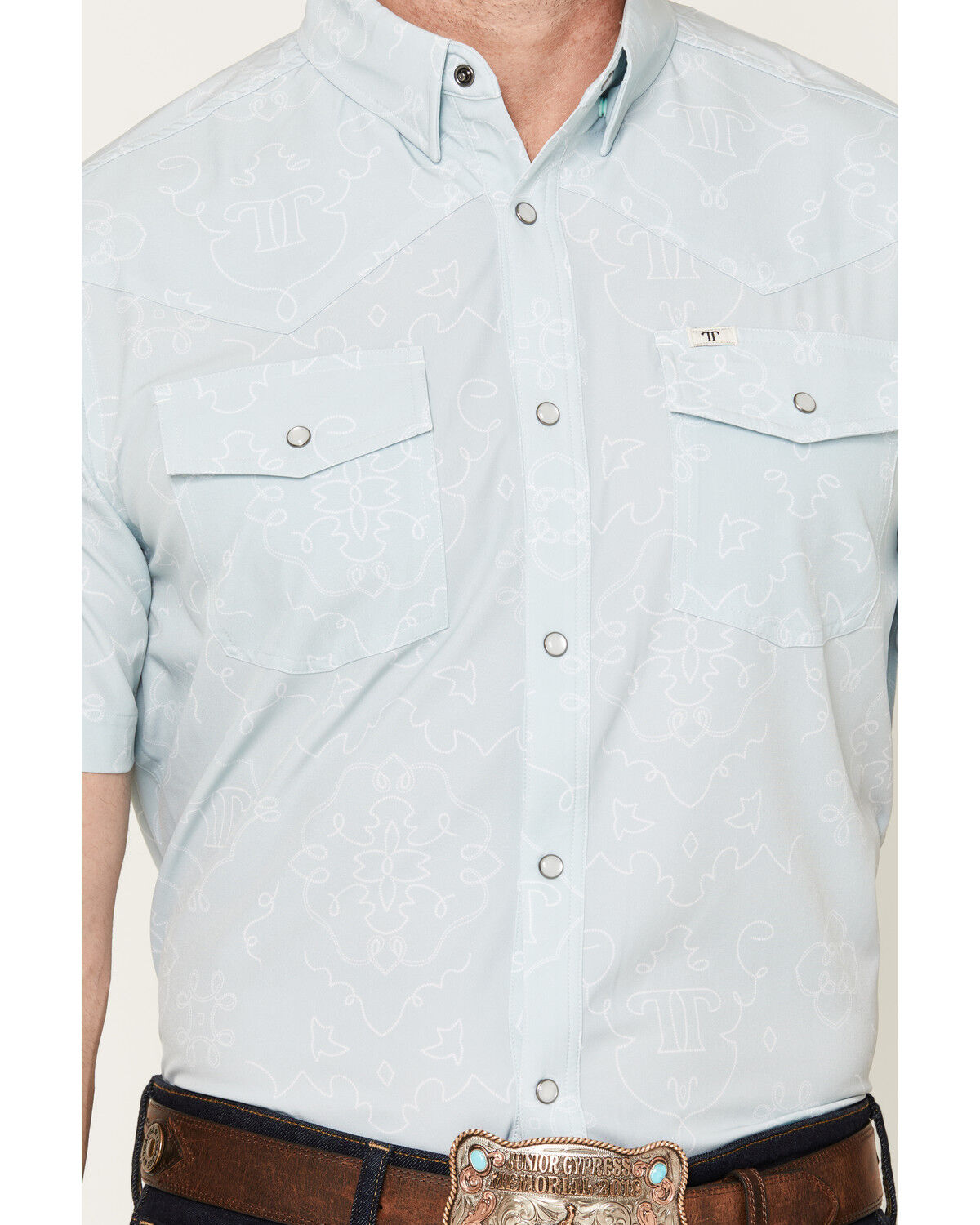 Image #3 - Ferrell Men's Carson Tek Bandana Print Short Sleeve Pearl Snap Stretch Western Shirt, Mint, hi-res