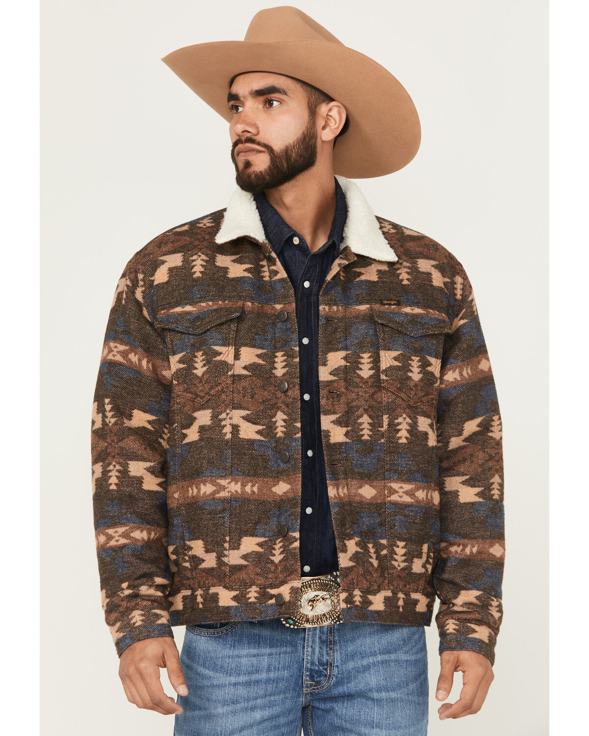 Image #1 - Wrangler Men's Southwestern Print Sherpa Lined Trucker Jacket, Brown, hi-res
