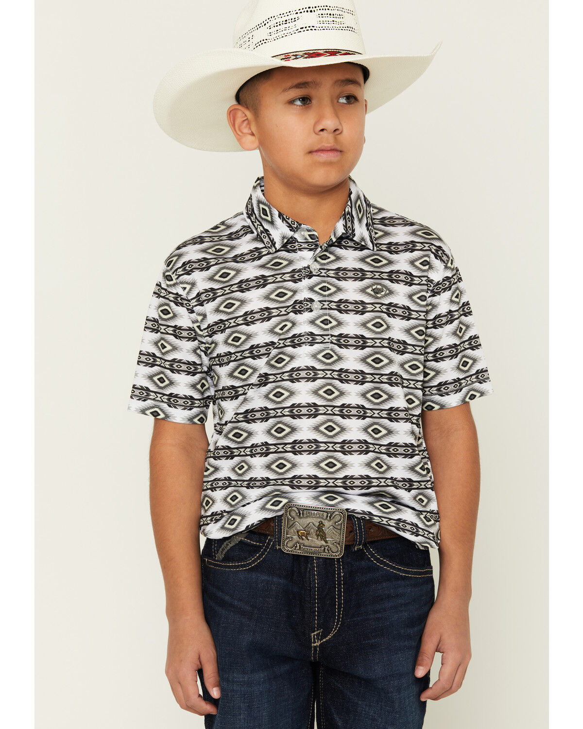 Image #1 - Ariat Boys' AriatTEK Southwestern Geo Print Short Sleeve Button-Down Polo, White, hi-res