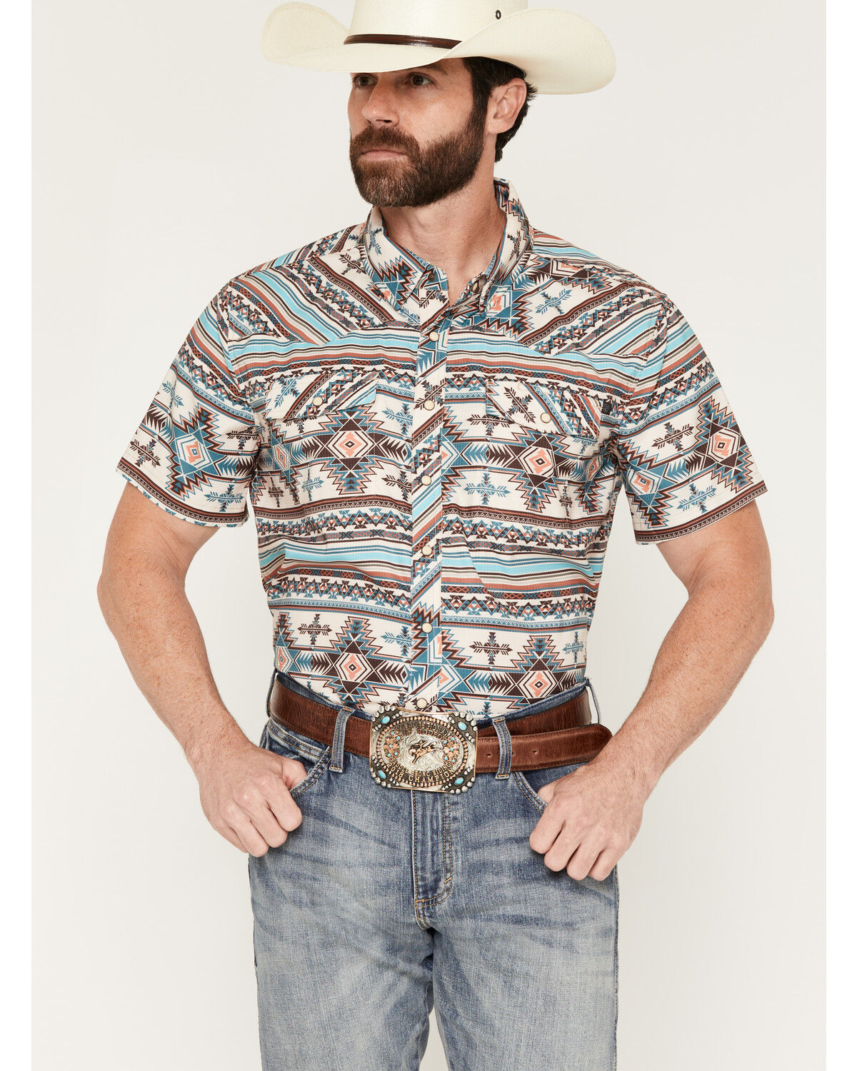 Rock & Roll Denim Men's Tek Southwestern Print Short Sleeve Snap Stretch Western Shirt, Natural, hi-res