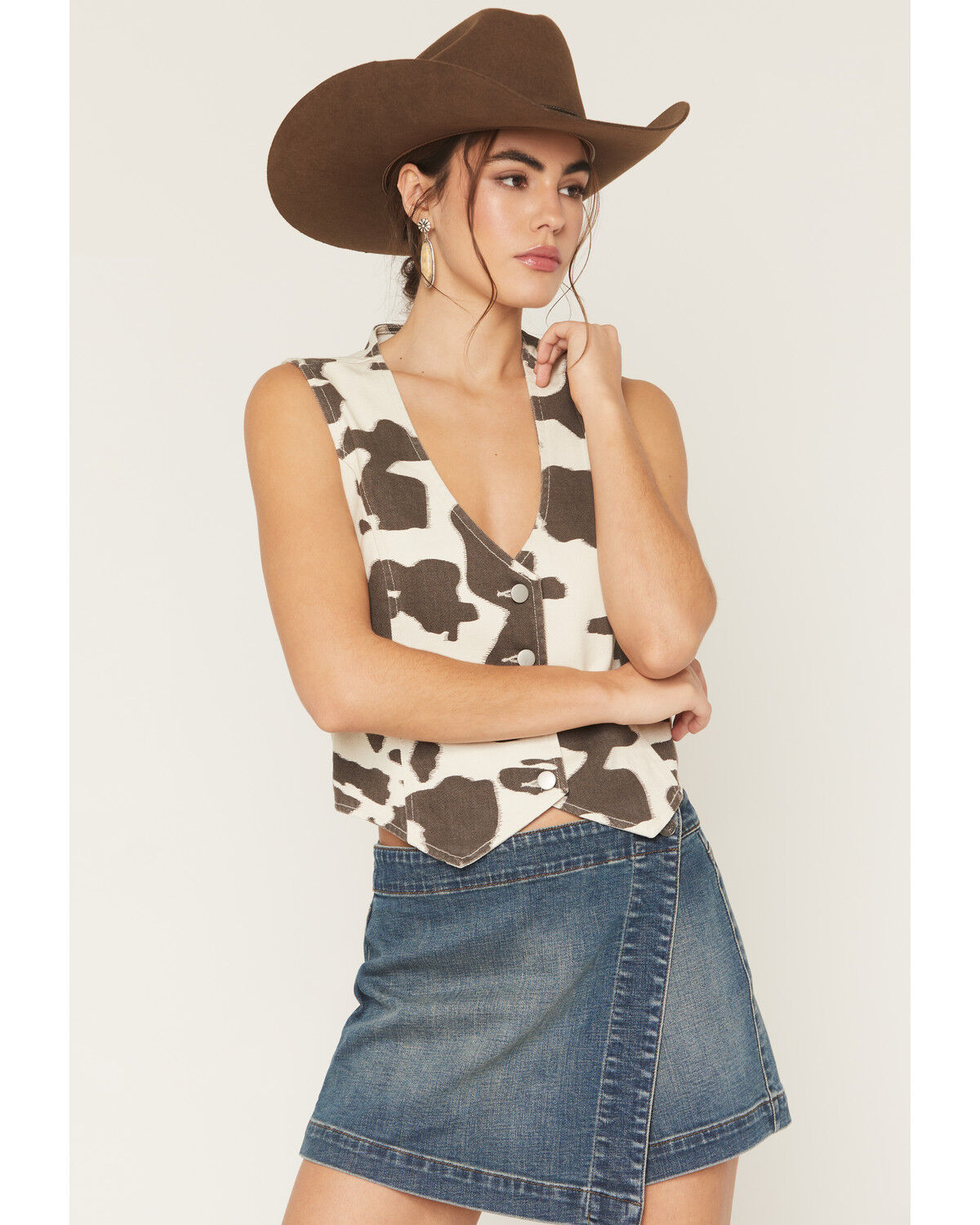 Image #1 - Stoosh Women's Cow Print Button-Down Denim Vest, Black/white, hi-res
