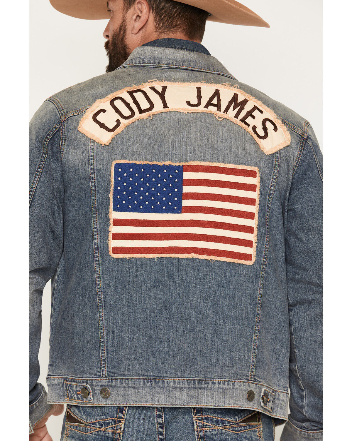 Image #4 - Cody James Men's Medium Wash Americana Patch Button-Down Stretch Denim Jacket, Medium Wash, hi-res