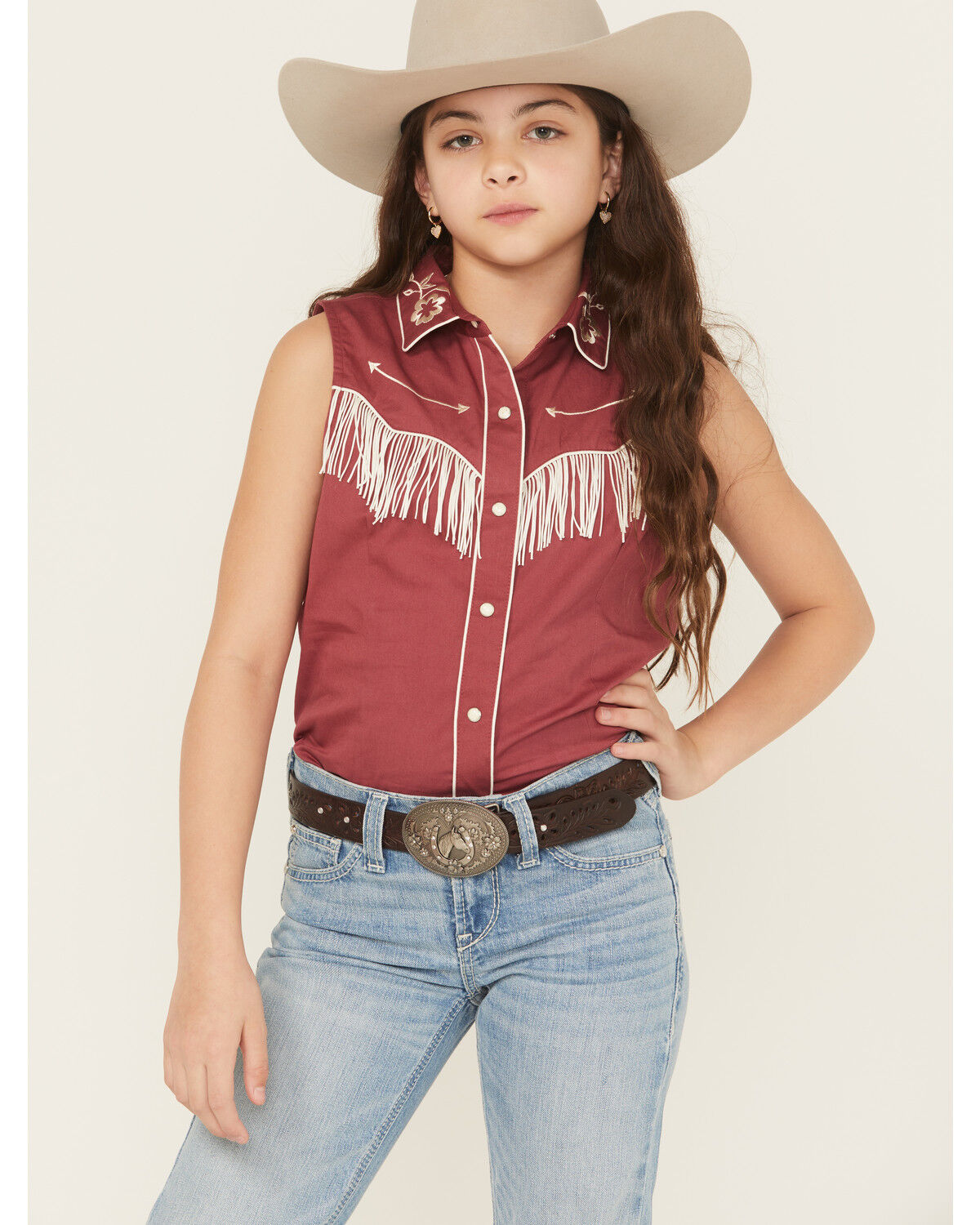 Rock & Roll Denim Girls' Embroidered Retro Sleeveless Snap Western Shirt, Wine, hi-res