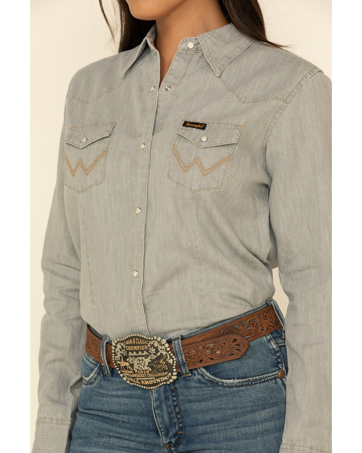 Image #11 - Wrangler Women's Solid Long Sleeve Snap Denim Shirt, Grey, hi-res