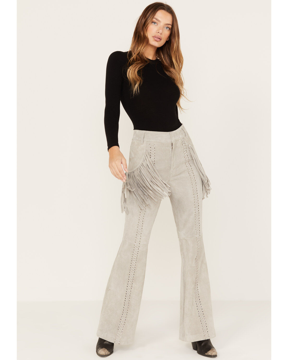 Image #1 - Wonderwest Women's Leather Fringe Pants, Grey, hi-res