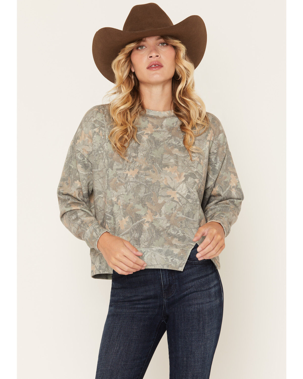 Image #1 - Rock & Roll Denim Women's Camo Print Long Sleeve Crew Neck Sweatshirt, Green, hi-res