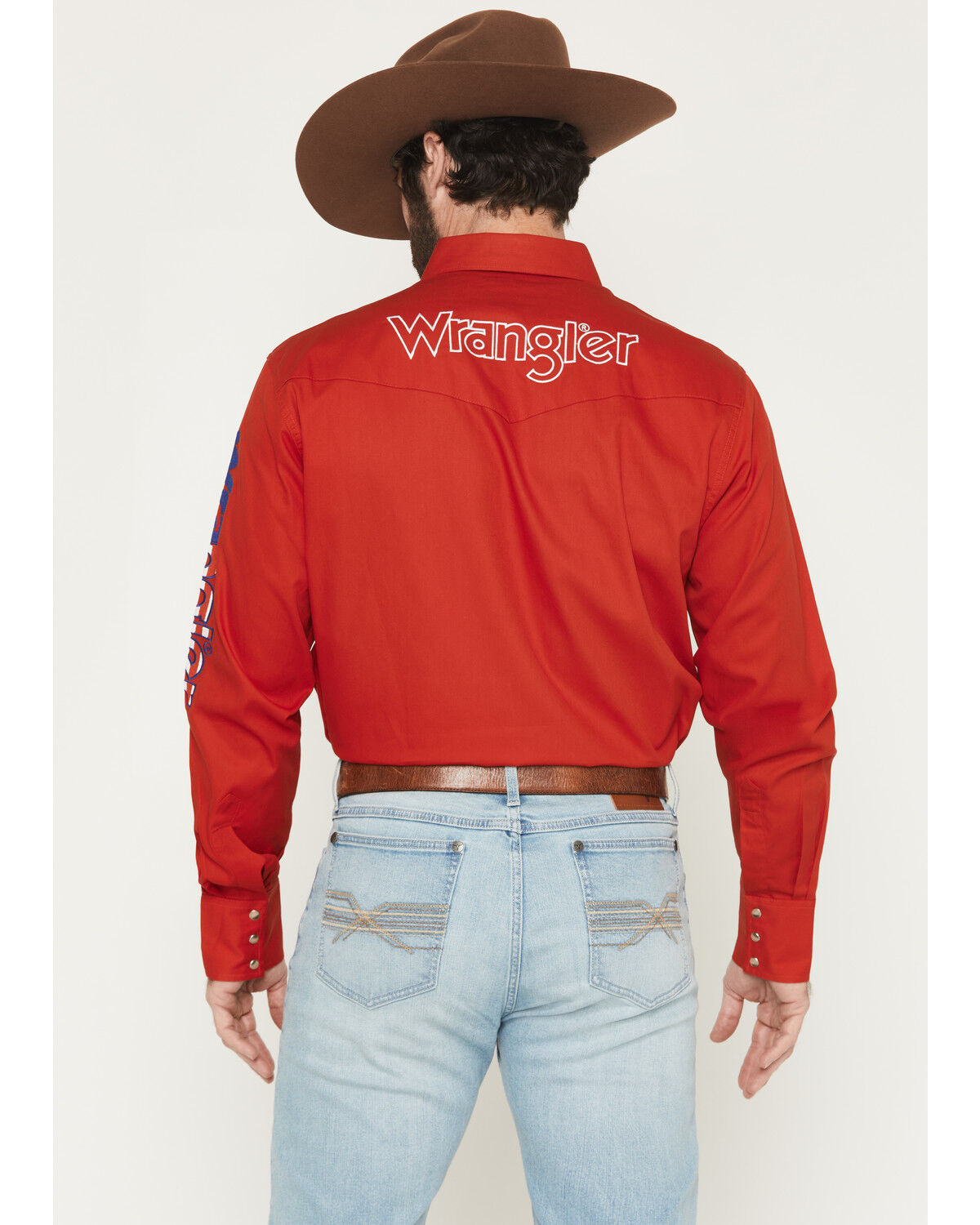 Image #4 - Wrangler Men's Americana Fill Logo Long Sleeve Snap Western Shirt, Red, hi-res