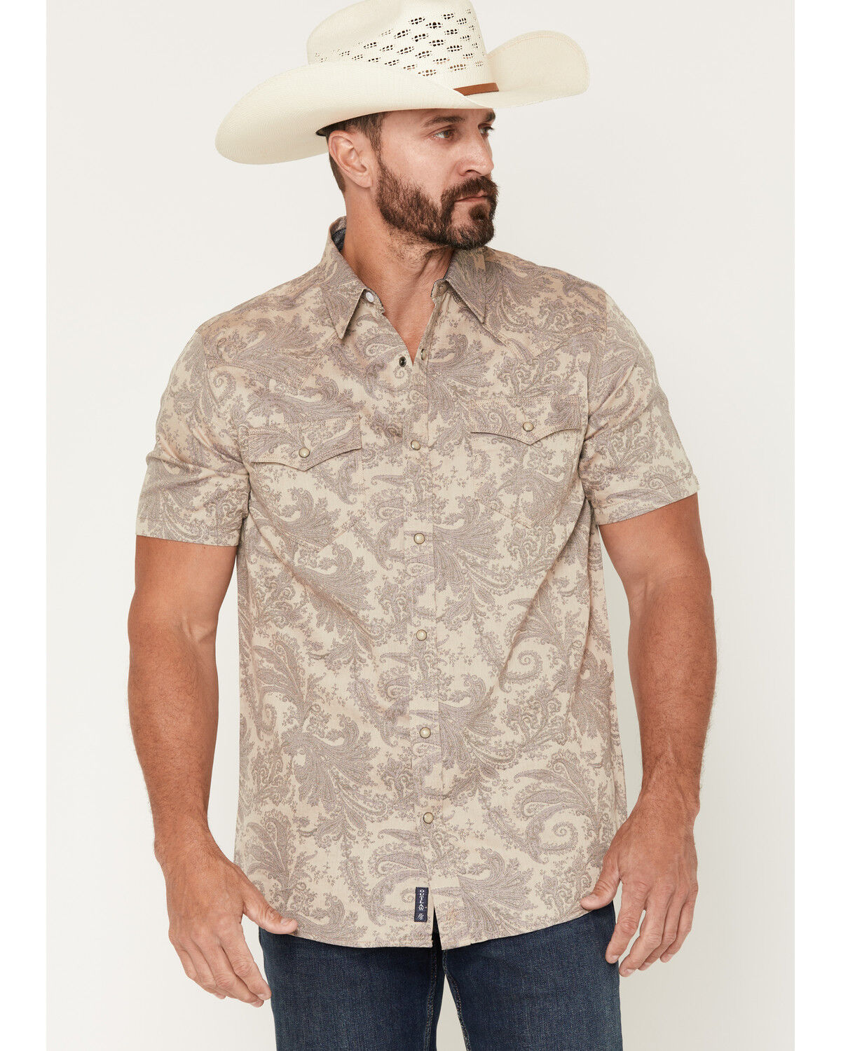 Moonshine Spirit&reg; Men's Regal Rebellion Paisley Print Short Sleeve Snap Western Shirt, Purple, hi-res