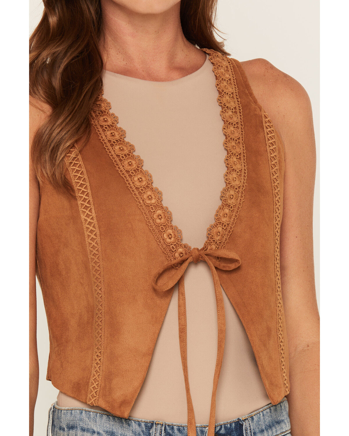 Image #3 - Fornia Women's Boot Barn Exclusive Faux Suede Fitted Lace Vest, Camel, hi-res