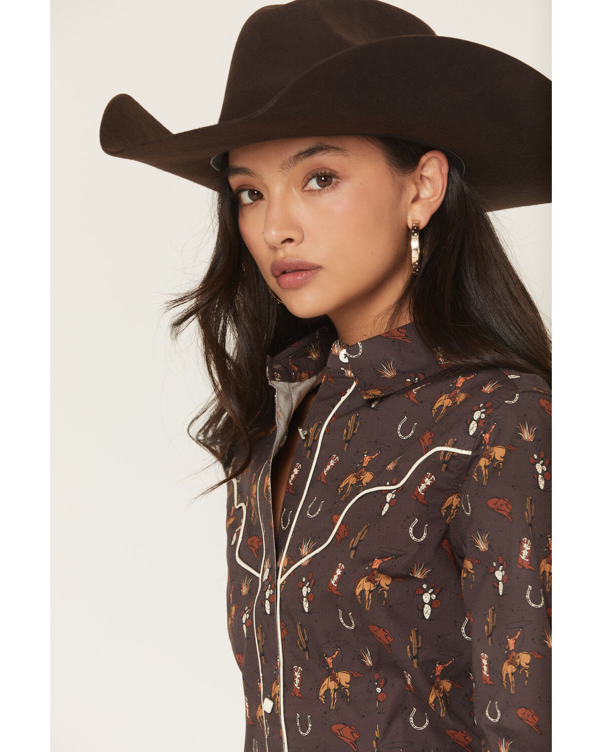 Image #2 - Rock & Roll Denim Women's Western Conversation Print Long Sleeve Snap Western Shirt, Brown, hi-res