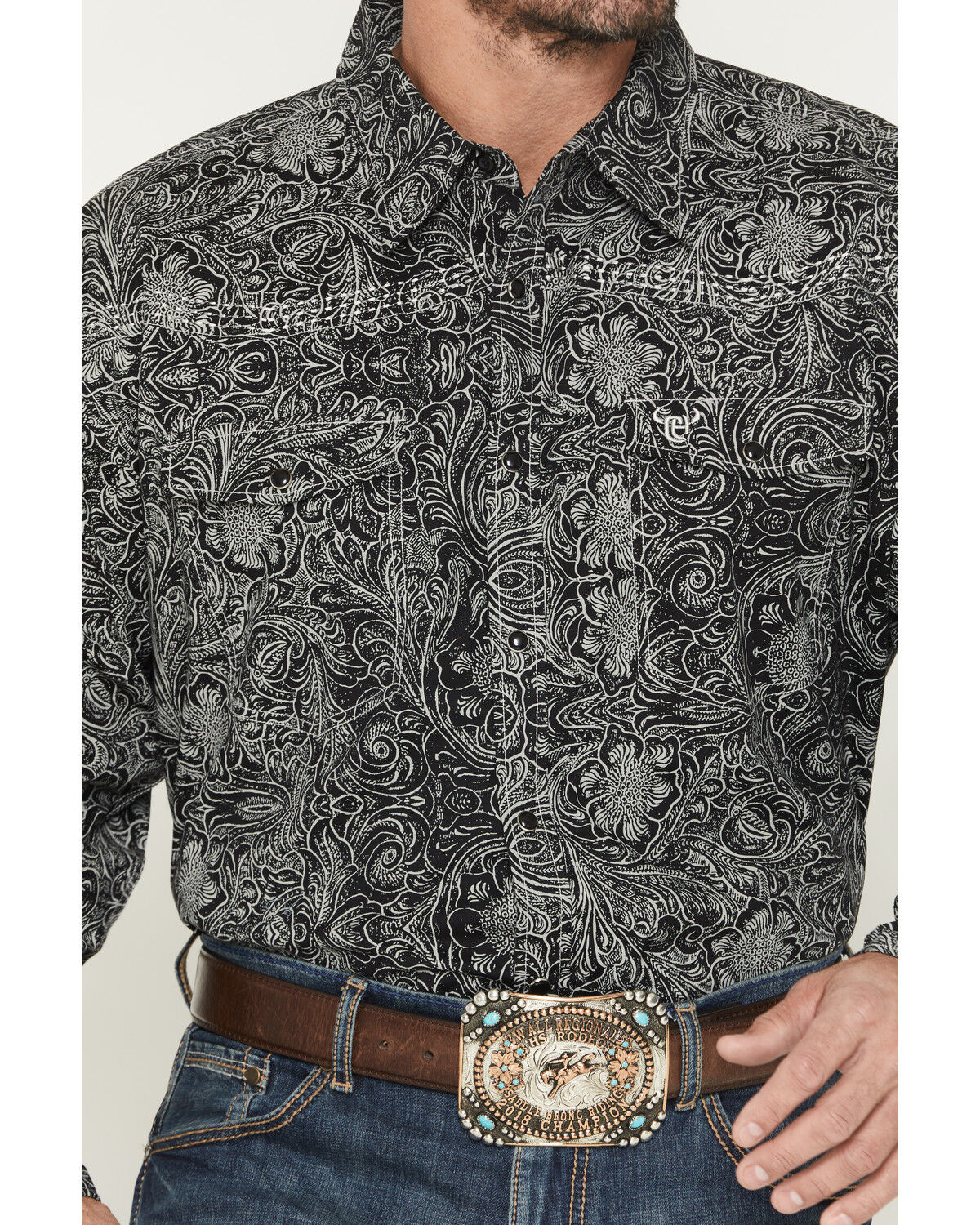Image #3 - Cowboy Hardware Men's Tooled Floral Print Long Sleeve Snap Stretch Western Shirt, Charcoal, hi-res