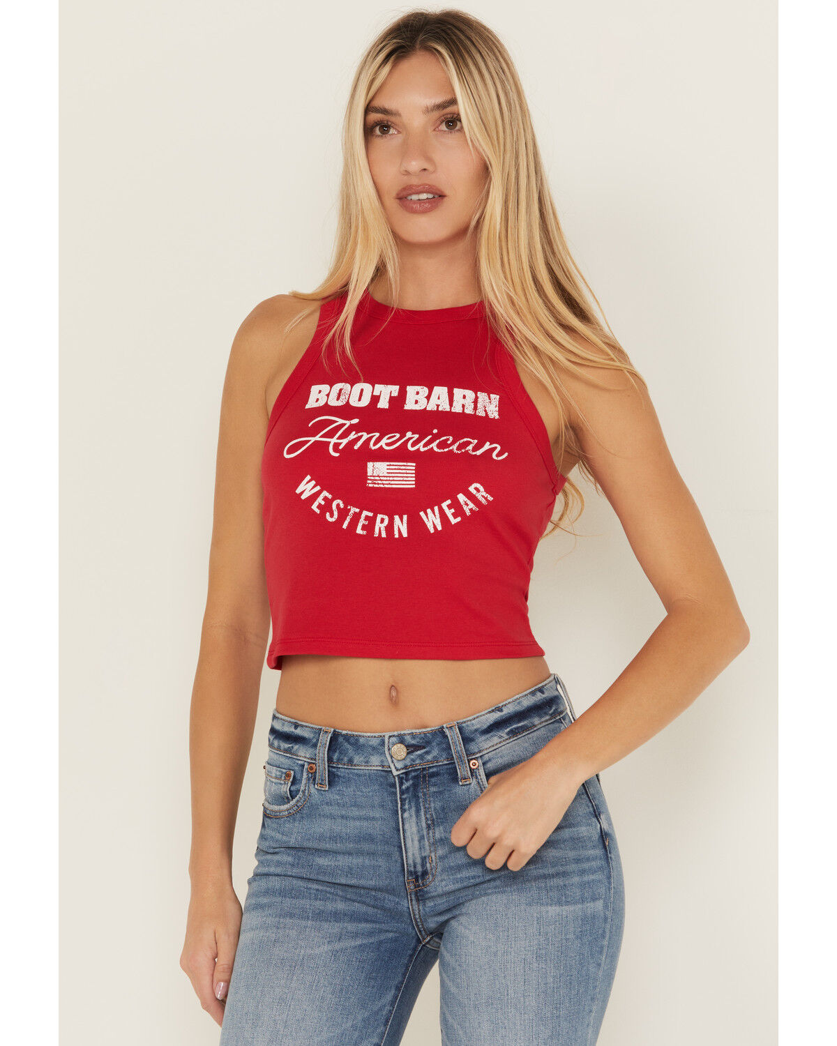 Image #1 - Boot Barn Women's Logo American Western Wear Racerback Tank Top, Red, hi-res
