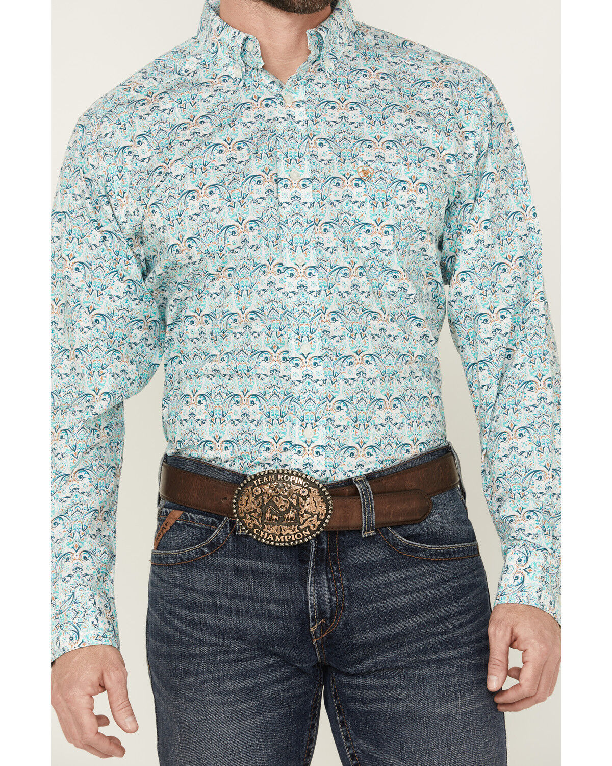 Image #3 - Ariat Men's Jerome Paisley Print Long Sleeve Button-Down Western Shirt - Big, Teal, hi-res