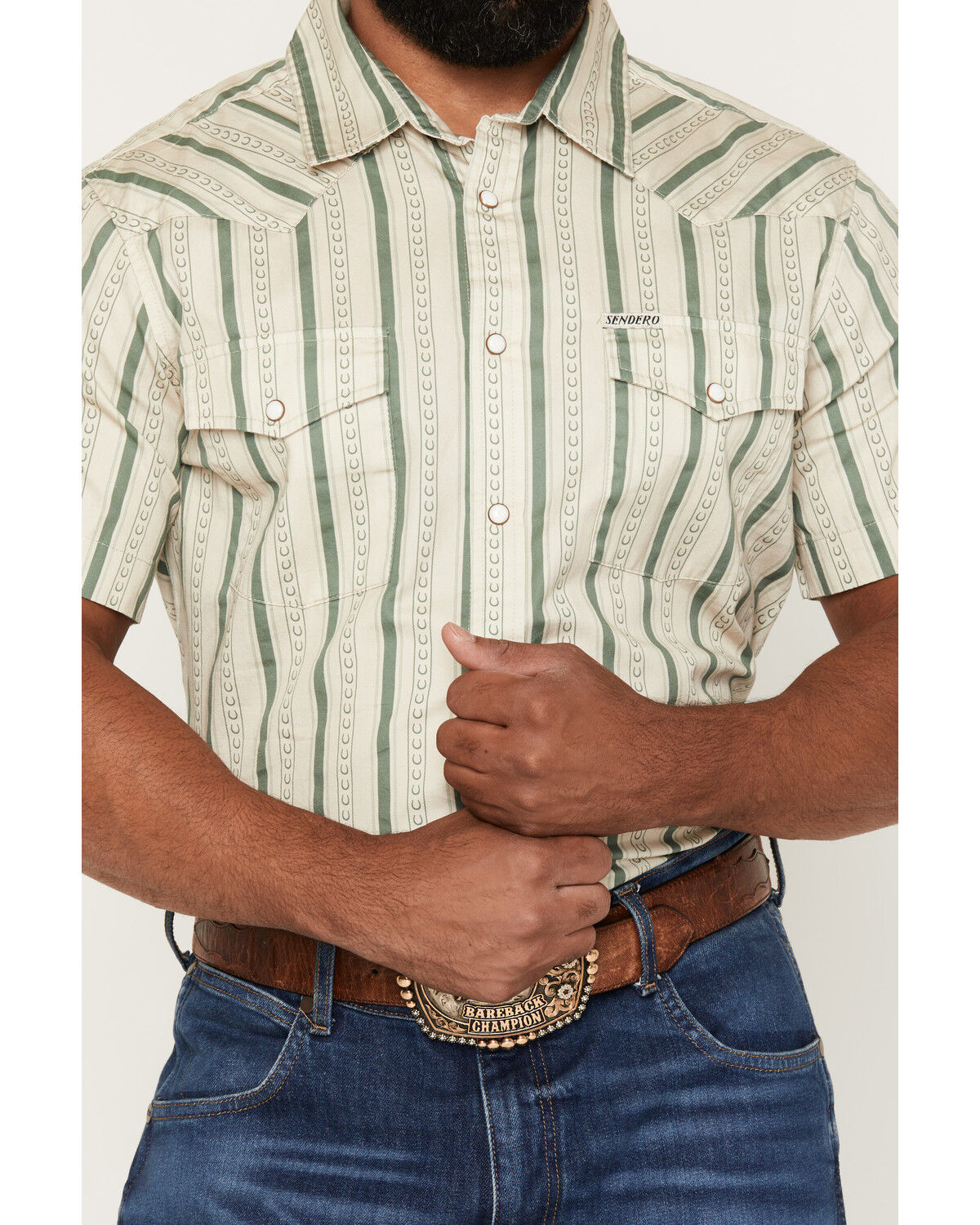 Image #3 - Sendero Provisions Men's Wyatt Horseshoe Stripe Print Short Sleeve Snap Western Shirt, Oatmeal, hi-res