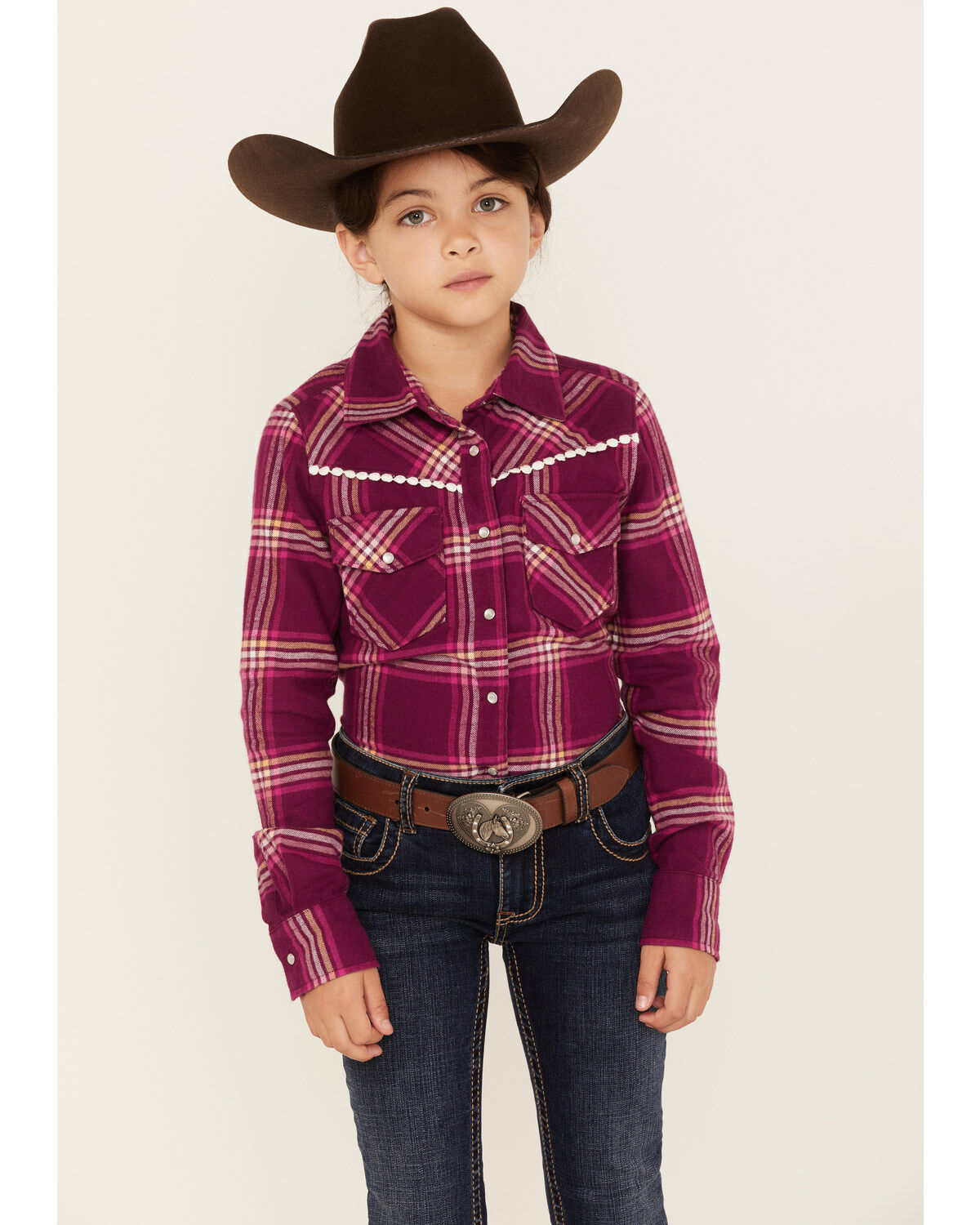 Shyanne Girls' Plaid Print Flannel Long Sleeve Western Pearl Snap Shirt, Purple, hi-res