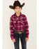 Image #1 - Shyanne Girls' Plaid Print Flannel Long Sleeve Western Pearl Snap Shirt, Purple, hi-res