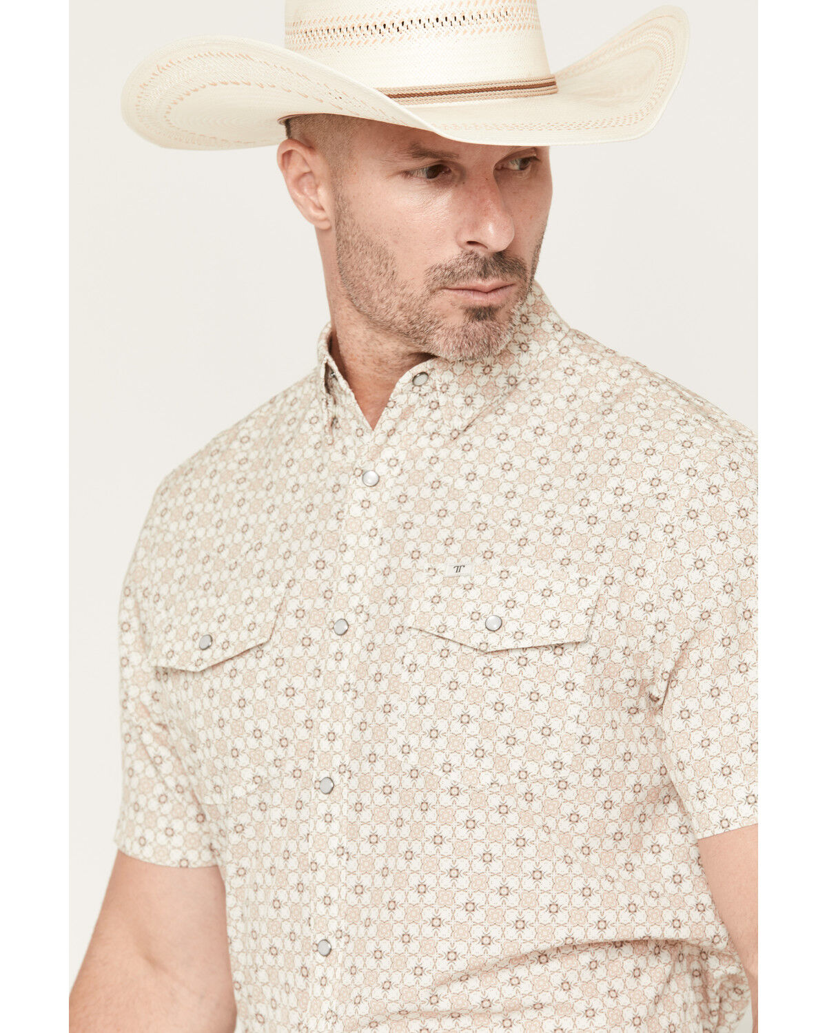 Image #2 - Ferrell Men's Callen Tek Medallion Print Short Sleeve Pearl Snap Stretch Western Shirt, Tan, hi-res