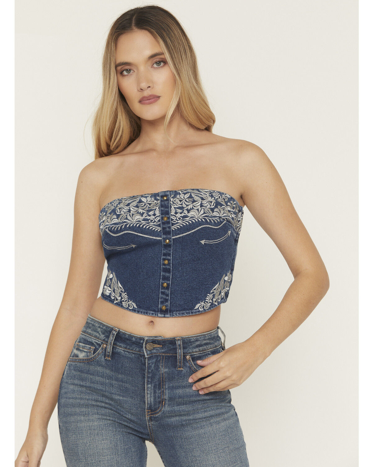 Blue B Women's Boot Barn Exclusive Sleeveless Denim Western Embroidered Bustier Top, Dark Wash, hi-res