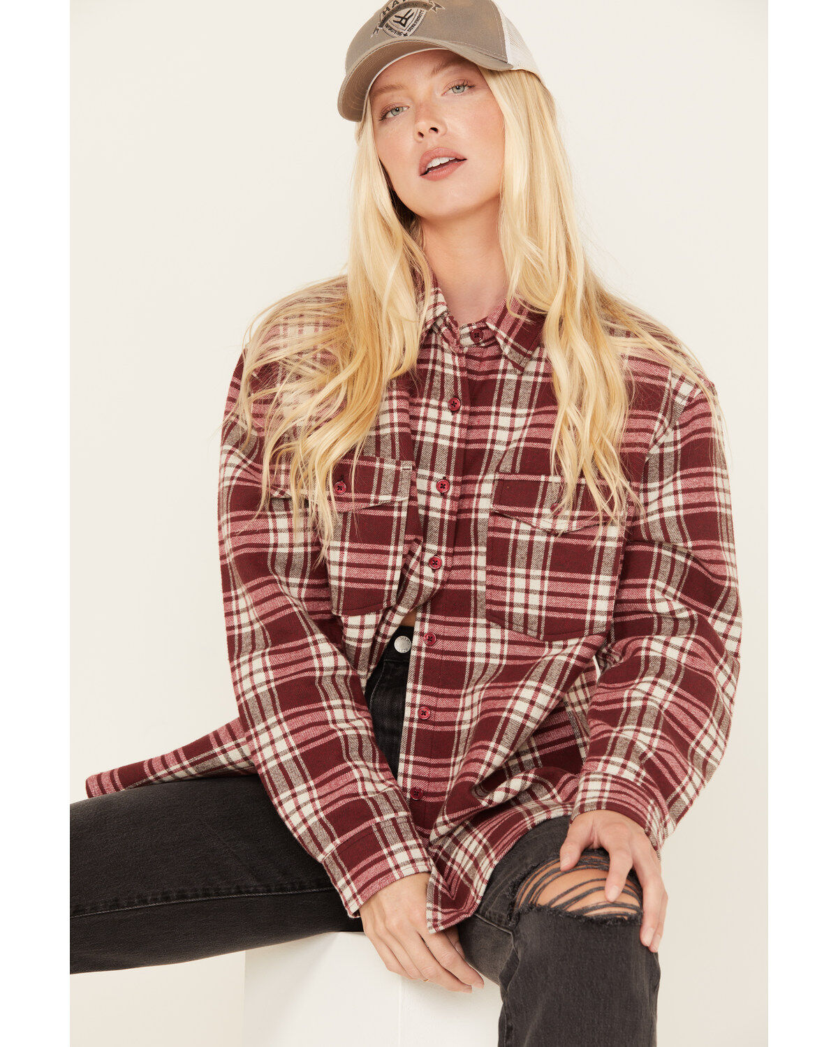 Cleo + Wolf Women's Plaid Print Long Sleeve Button-Down Oversized Shacket, Ruby, hi-res