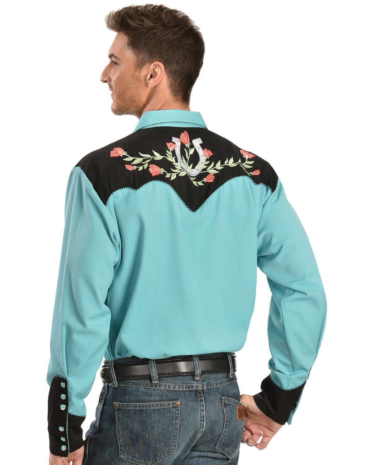 Image #3 - Scully Men's Rose & Horseshoe Embroidered Retro Long Sleeve Western Shirt - Big & Tall, Turquoise, hi-res
