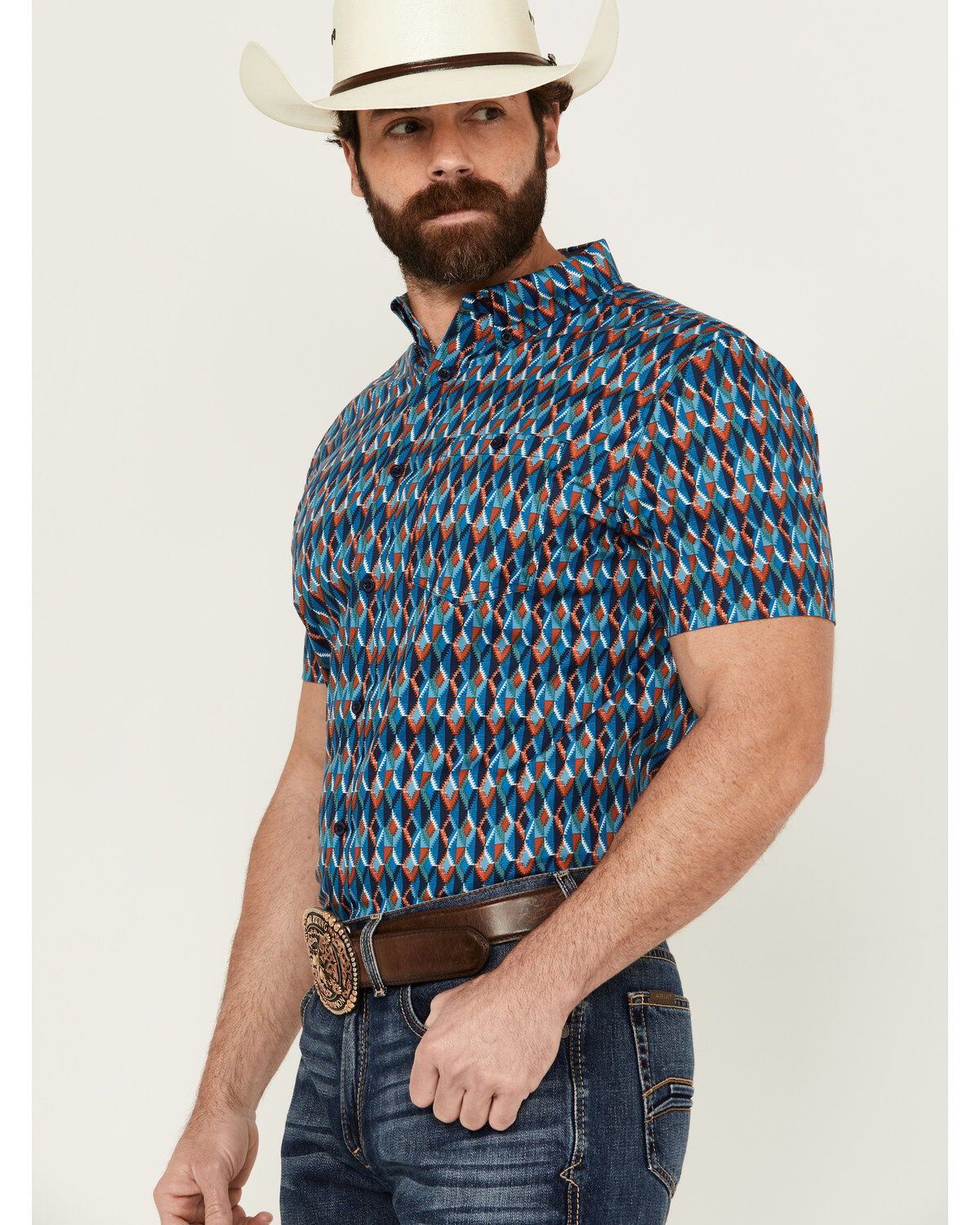 Image #2 - RANK 45&reg; Men's Weststamp Southwestern Geo Print Short Sleeve Button-Down Stretch Western Shirt, Dark Blue, hi-res