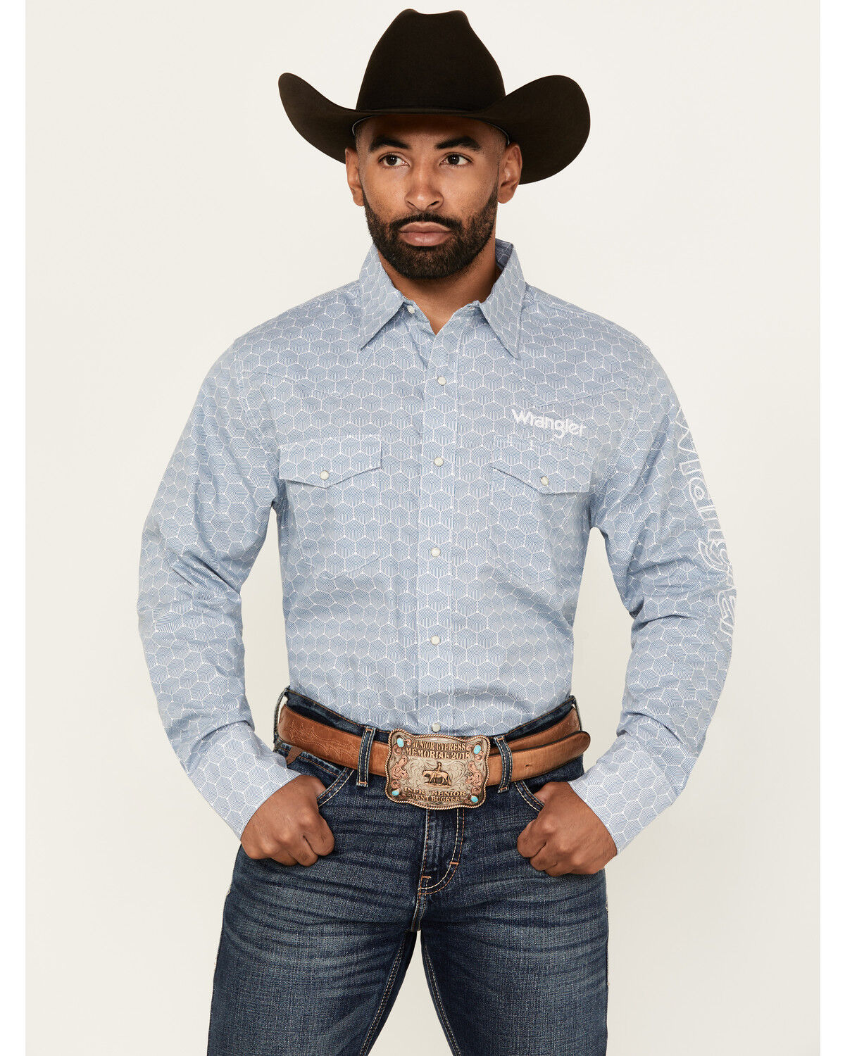 Image #1 - Wrangler Men's Geo Print Logo Long Sleeve Snap Western Shirt, Blue, hi-res