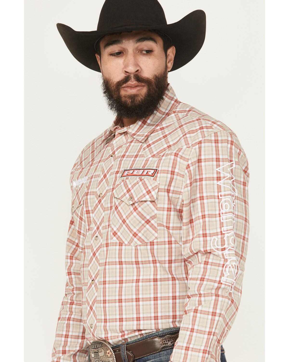 Image #2 - Wrangler Men's PBR Plaid Print Long Sleeve Snap Western Shirt, Tan, hi-res