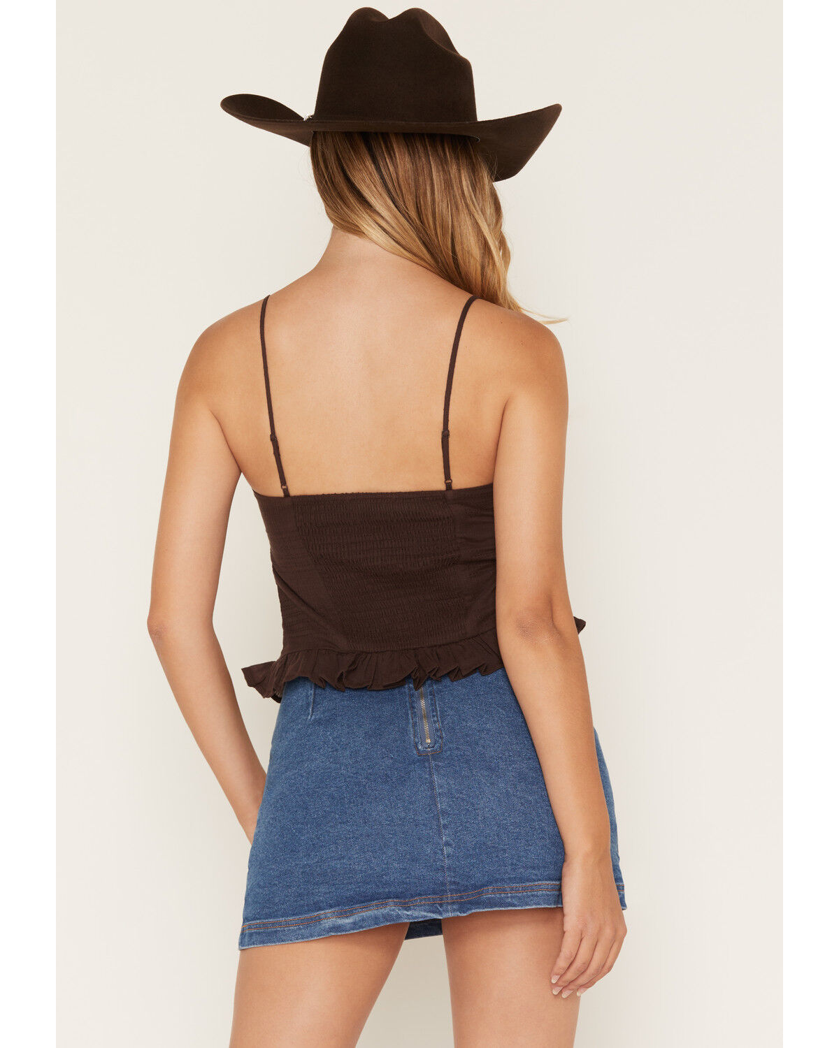 Image #4 - Cleo + Wolf Women's Sleeveless Button-Front Ruffle Hem Cami, Brown, hi-res