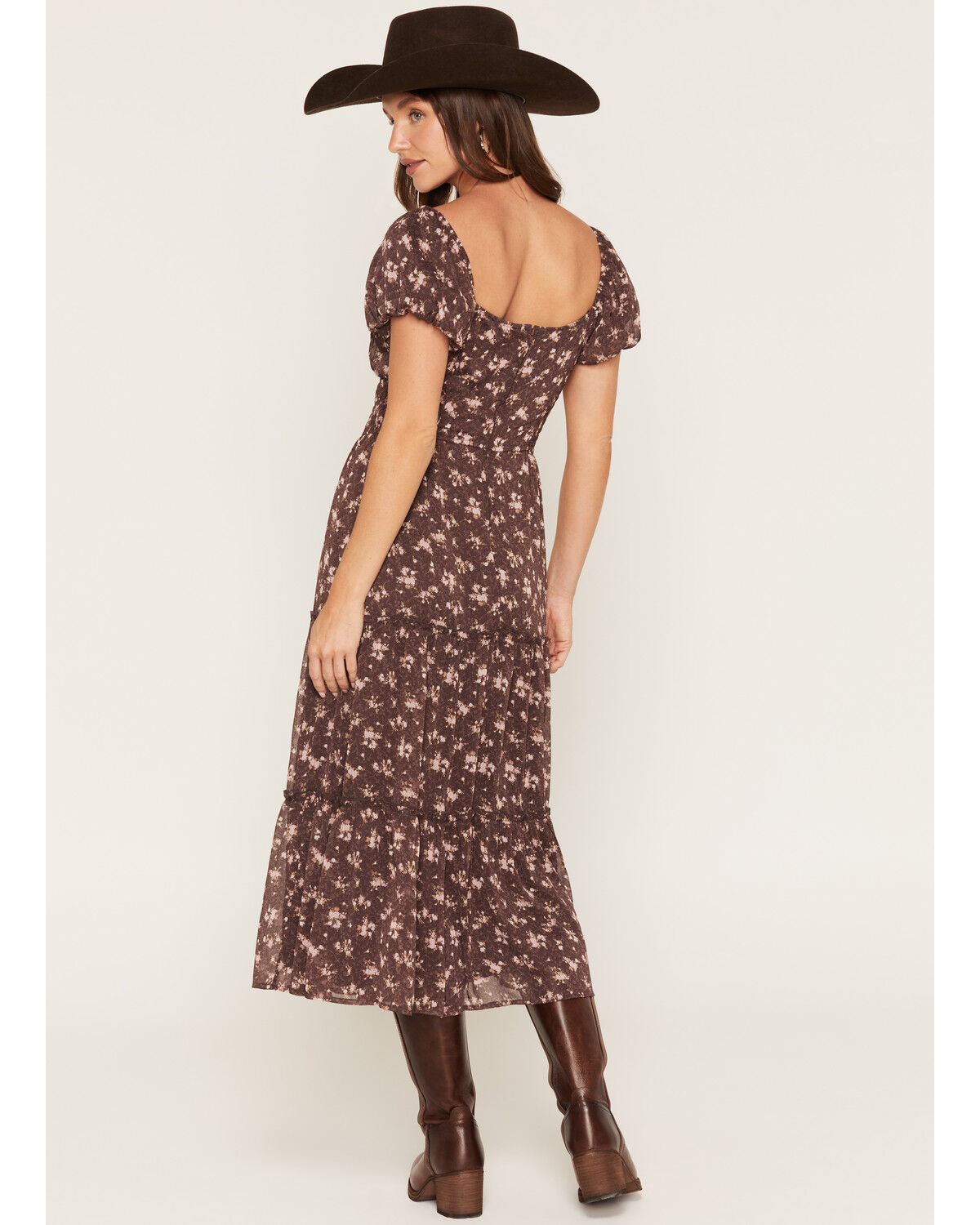 Image #4 - Trixxi Women's Floral Print Corset Short Sleeve Midi Dress, Brown, hi-res