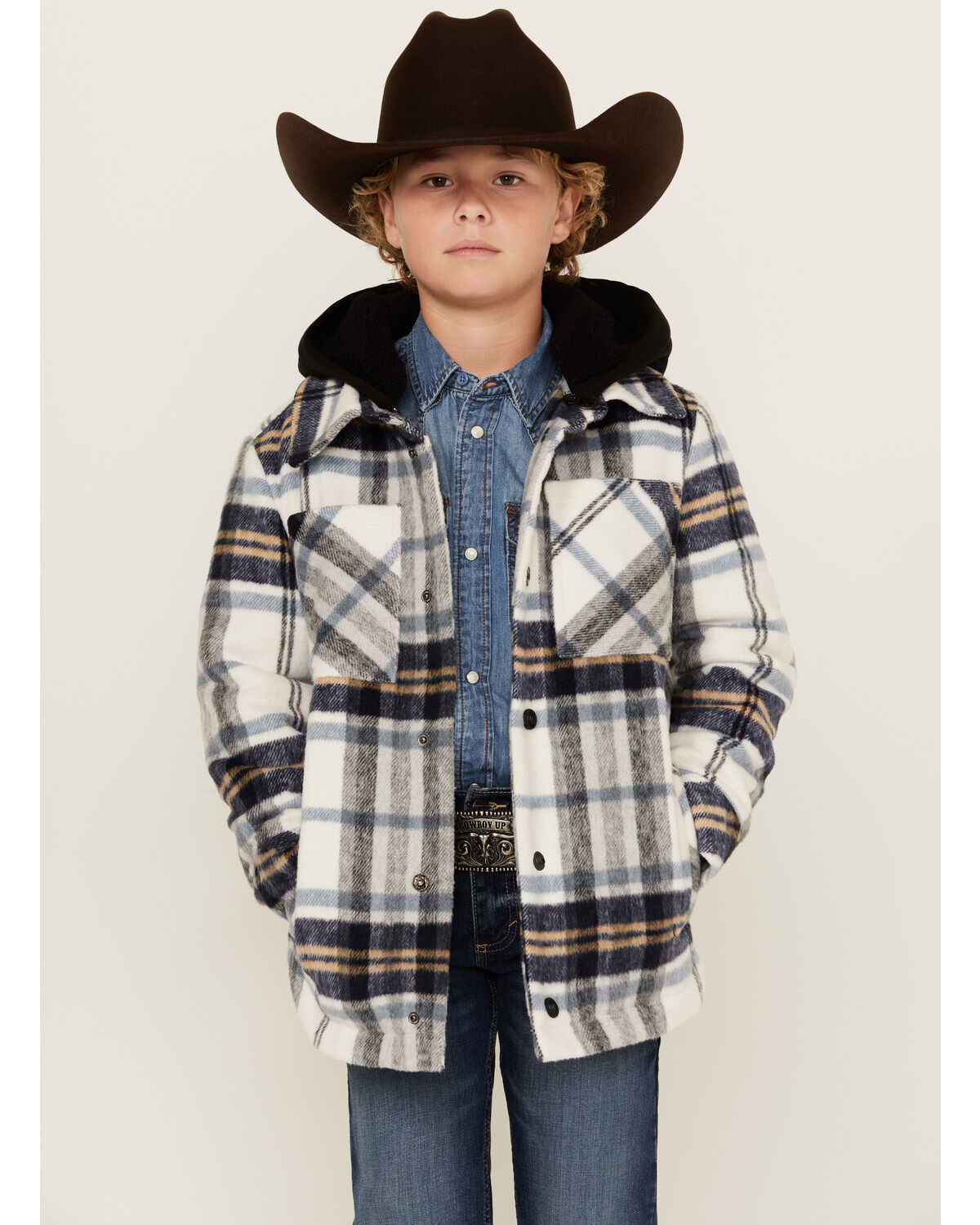 Urban Republic Boys' Plaid Print Sherpa Lined Hooded Shirt Jacket, White, hi-res