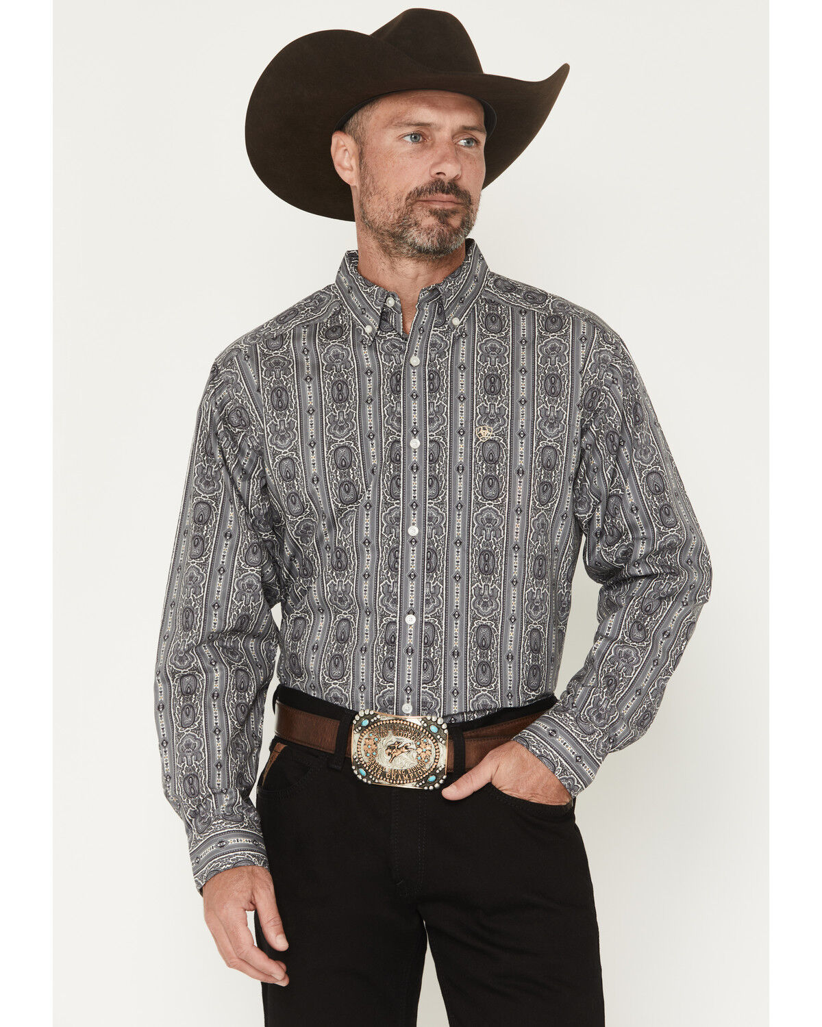 Image #1 - Ariat Men's Tatum Medallion Striped Long Sleeve Button-Down Western Shirt, Grey, hi-res