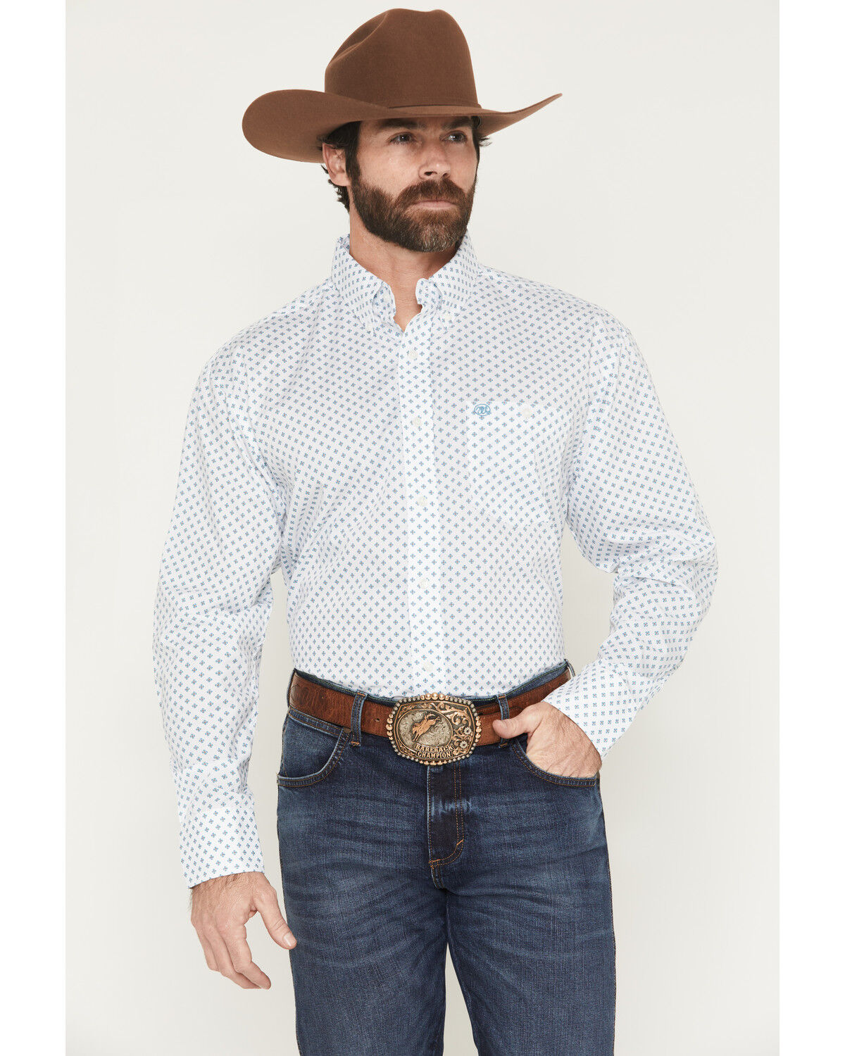 Wrangler Men's Classics Geo Print Long Sleeve Button-Down Western Shirt, White, hi-res
