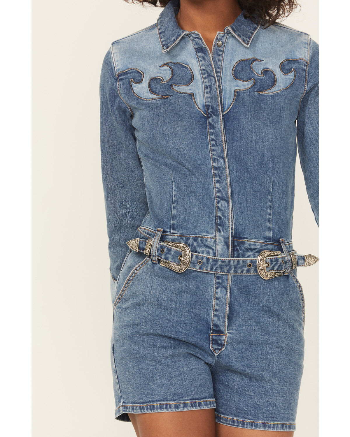 Image #3 - Rock & Roll Denim Women's Medium Wash Long Sleeve Snap Stretch Denim Romper, Medium Wash, hi-res