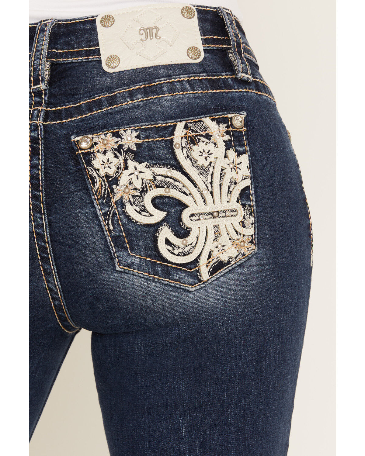 Image #2 - Miss Me Women's Dark Wash Mid Rise Fleur de Lis 32" Bootcut Stretch Denim Jeans, Dark Wash, hi-res