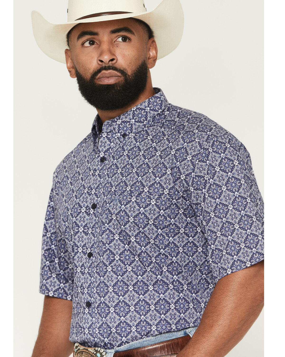 Image #2 - Ariat Men's Bill Medallion Print Short Sleeve Button-Down Western Shirt - Big, Blue, hi-res