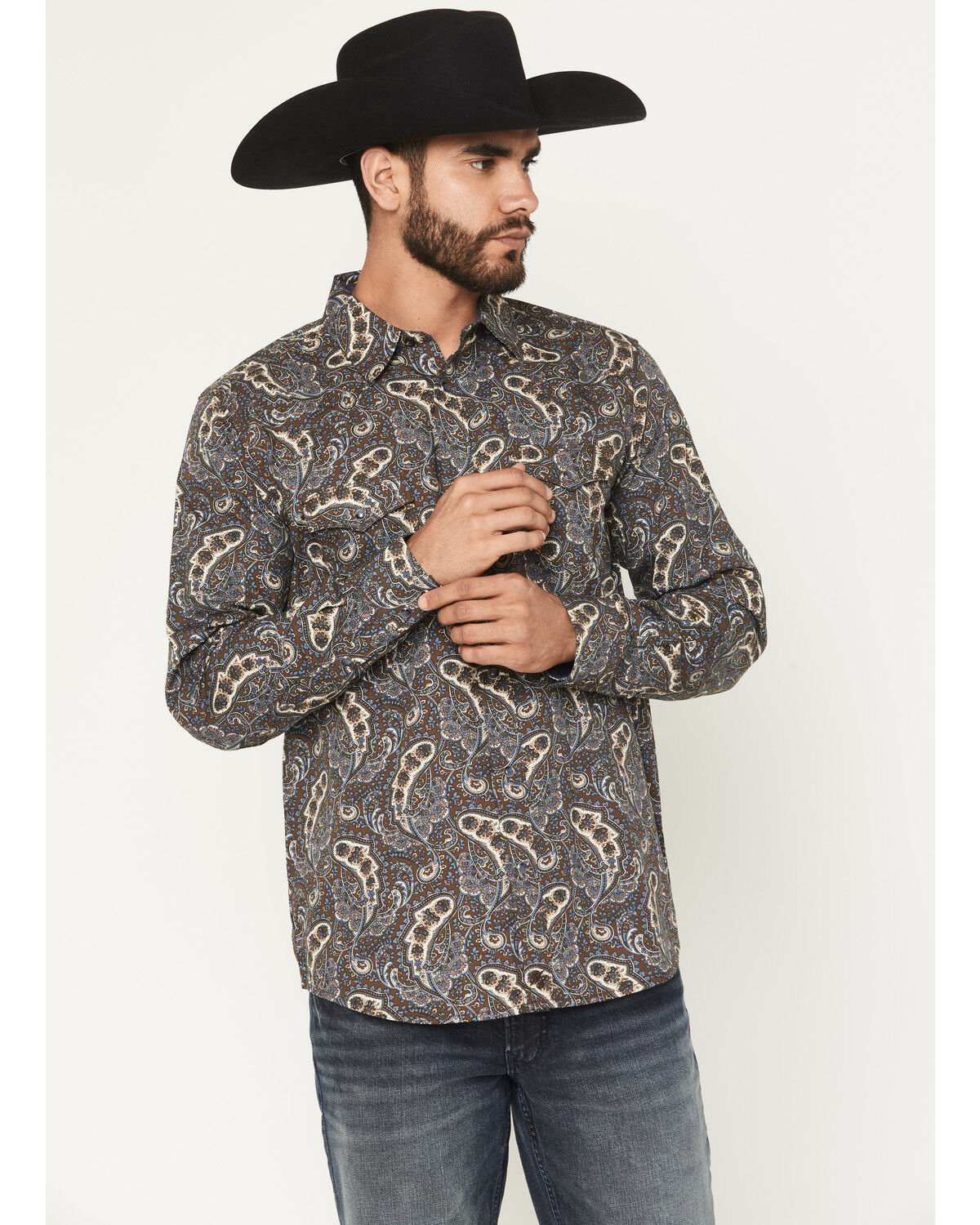 Moonshine Spirit&reg; Men's High Strung Paisley Print Long Sleeve Snap Western Shirt, Dark Brown, hi-res