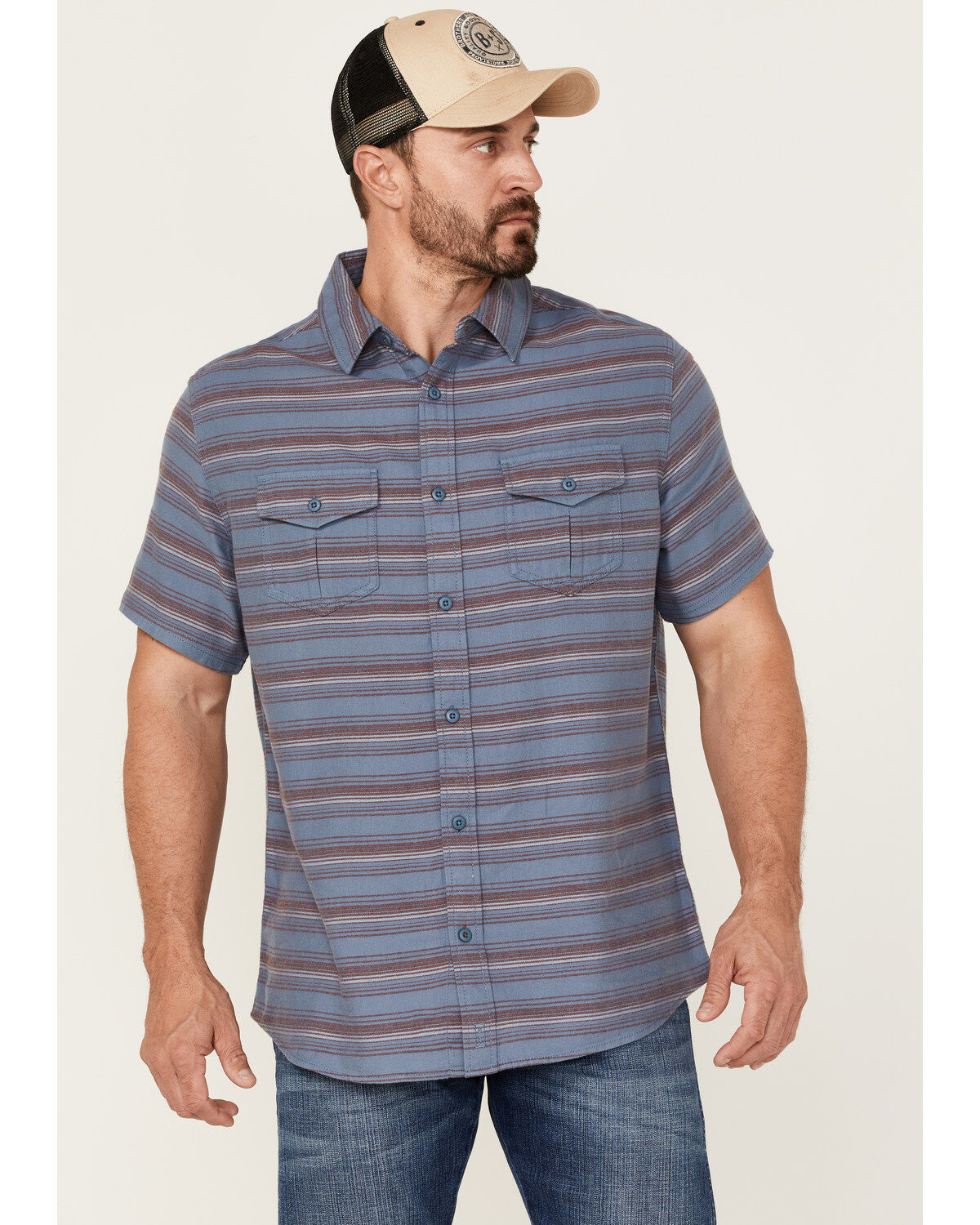 Image #1 - Brothers and Sons Men's Striped Short Sleeve Button Down Western Shirt, Indigo, hi-res
