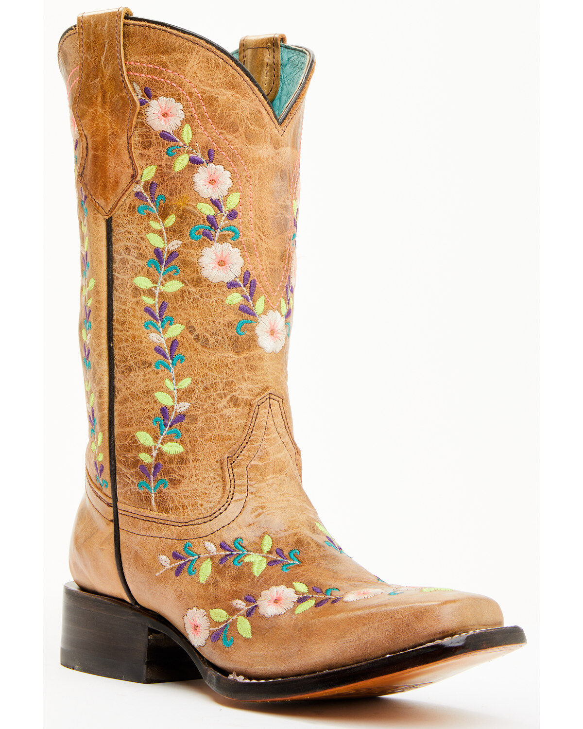 Corral Girls' Floral Embroidered Blacklight Western Boots - Square Toe, Honey, hi-res