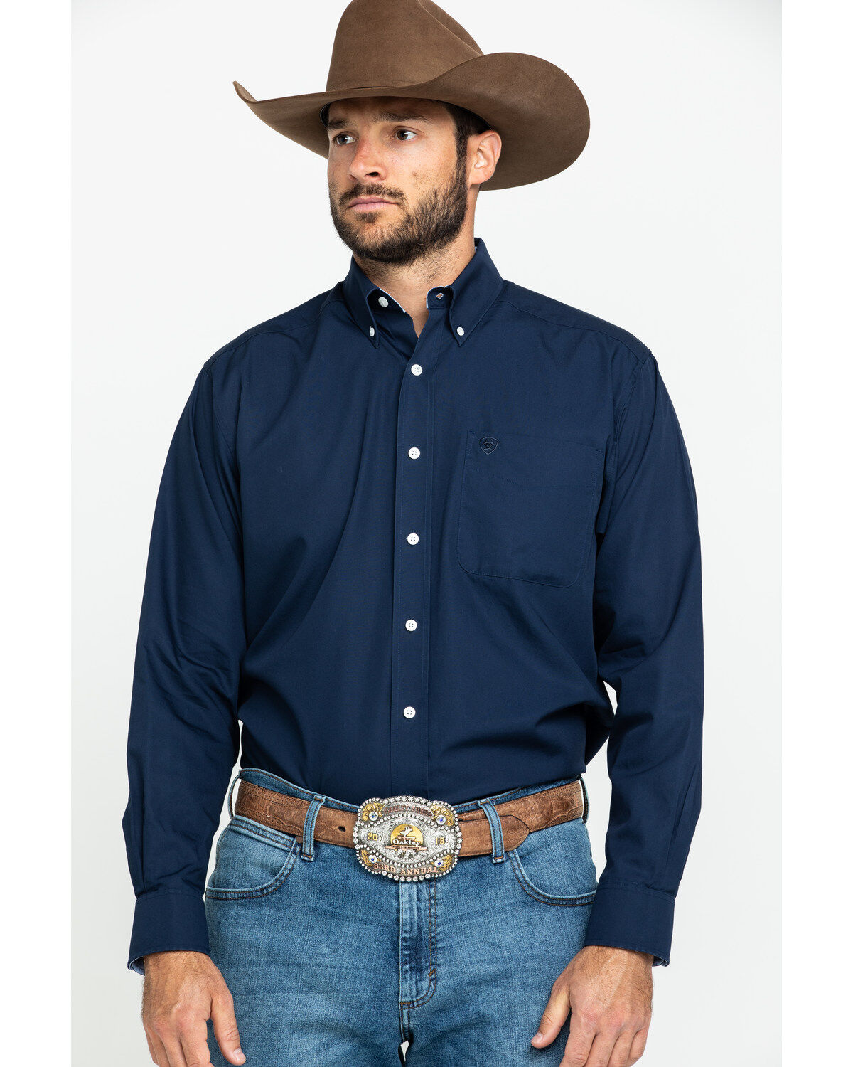 Ariat Men's Wrinkle Free Button-Down Long Sleeve Western Shirt, Navy, hi-res