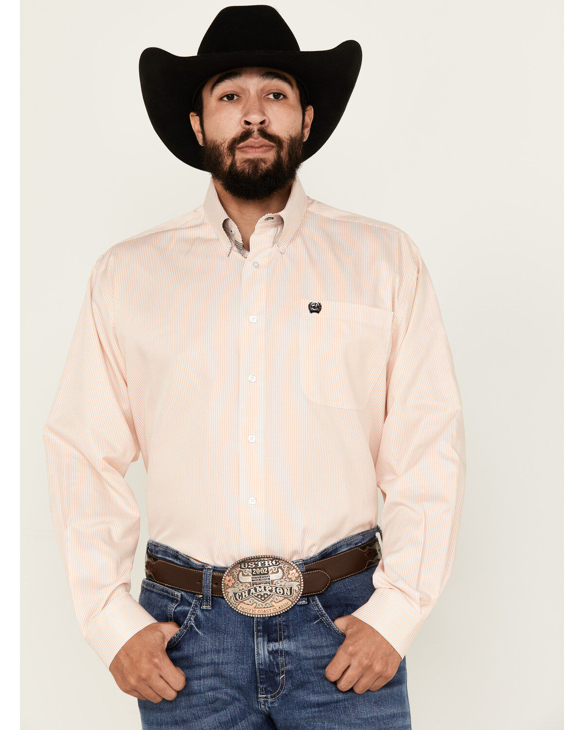 Image #1 - Cinch Men's Striped Print Tencel Long Sleeve Button-Down Western Shirt, Peach, hi-res