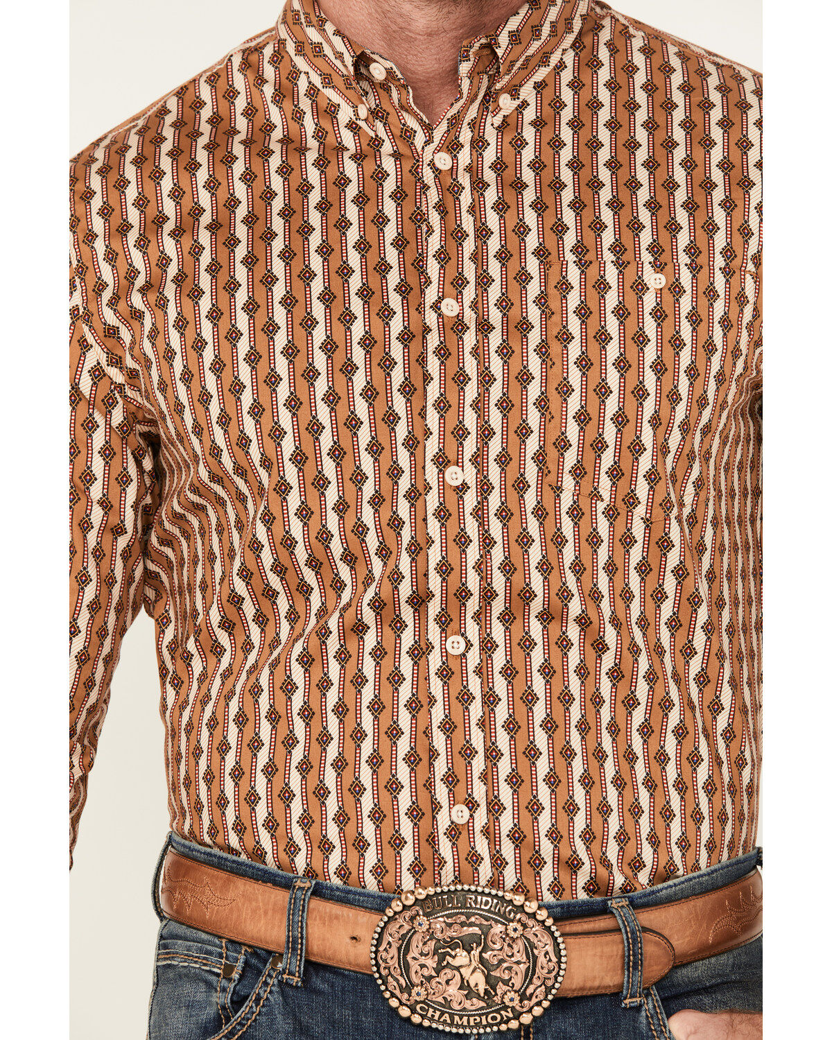 Image #3 - RANK 45&reg; Men's Manvel Southwestern Print Long Sleeve Button-Down Stretch Western Shirt, Lt Brown, hi-res