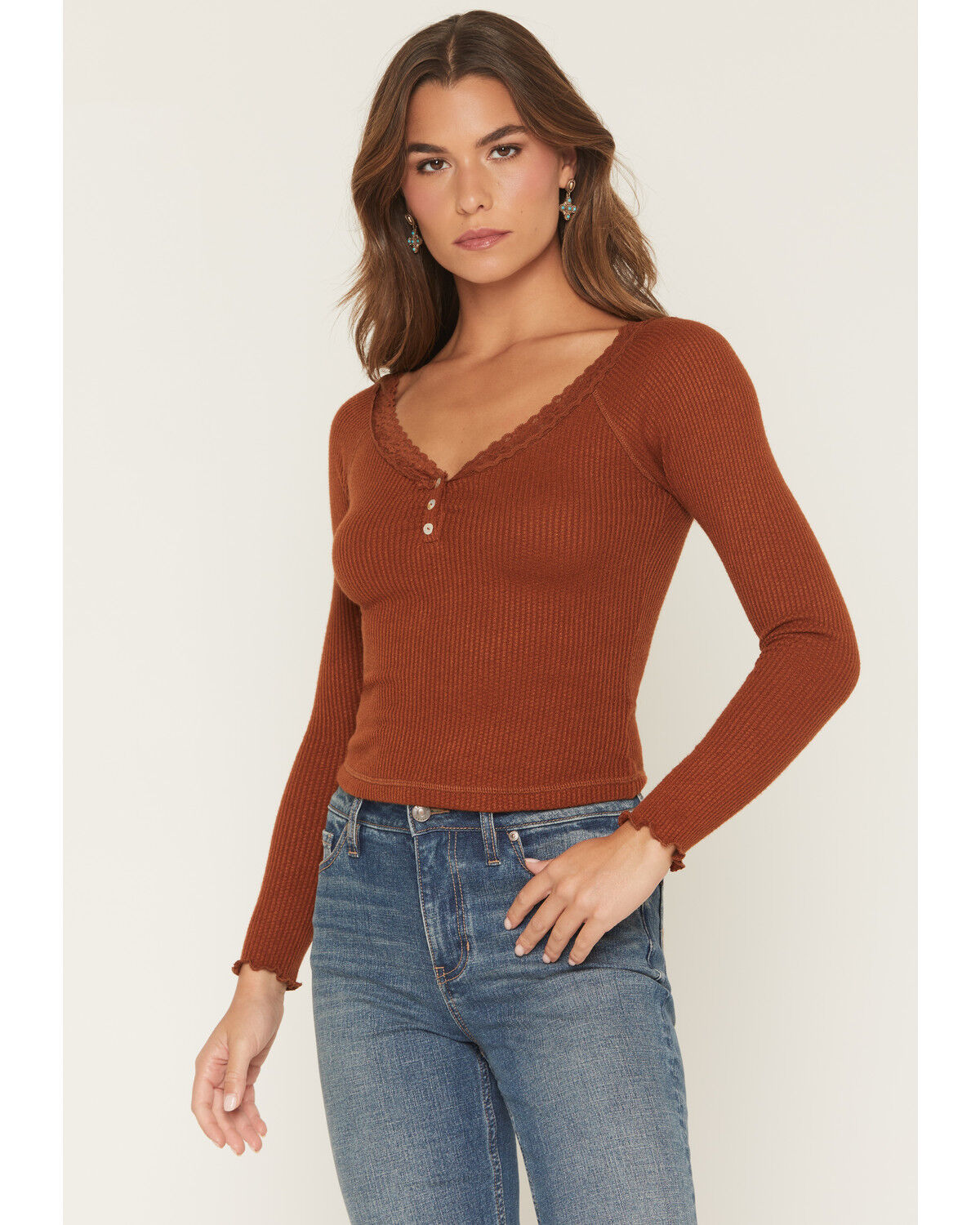Wild Moss Women's Lace Long Sleeve Top, Brown, hi-res