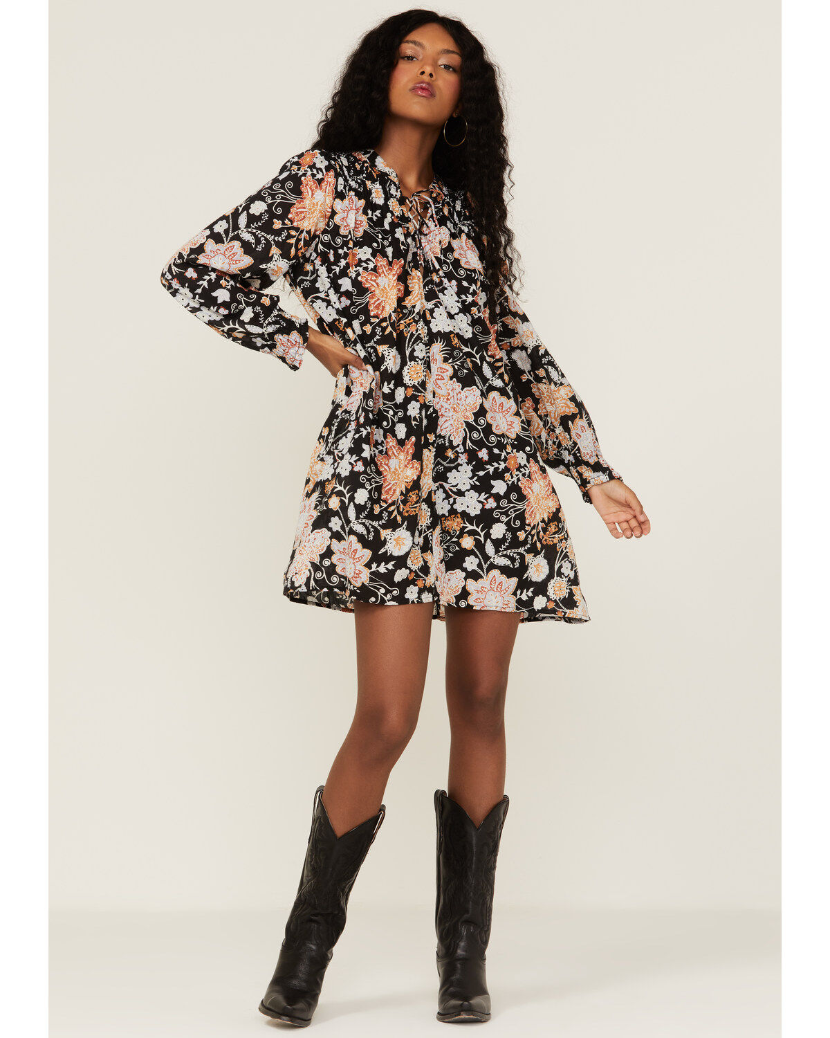 Revel Women's Floral A-Line Mini Dress, Black, hi-res