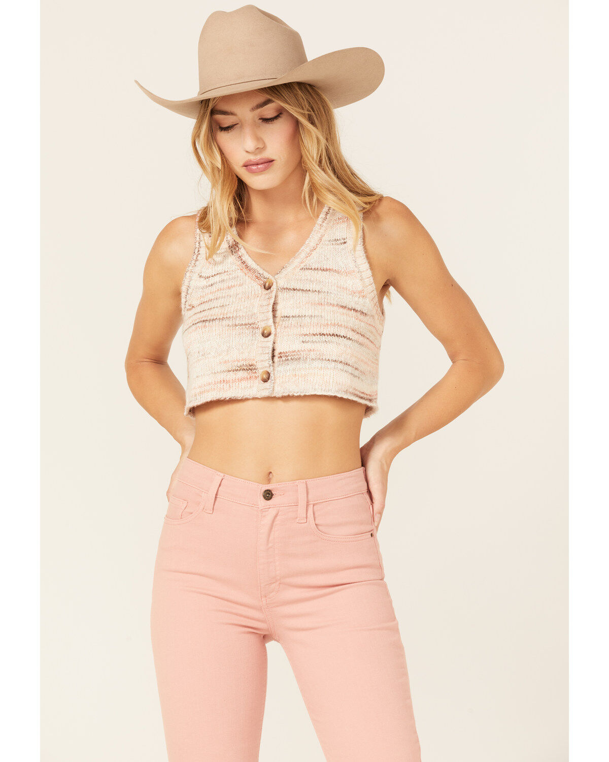 Image #1 - Shyanne Women's Cropped Marled Button-Up Sweater Vest, Sand, hi-res