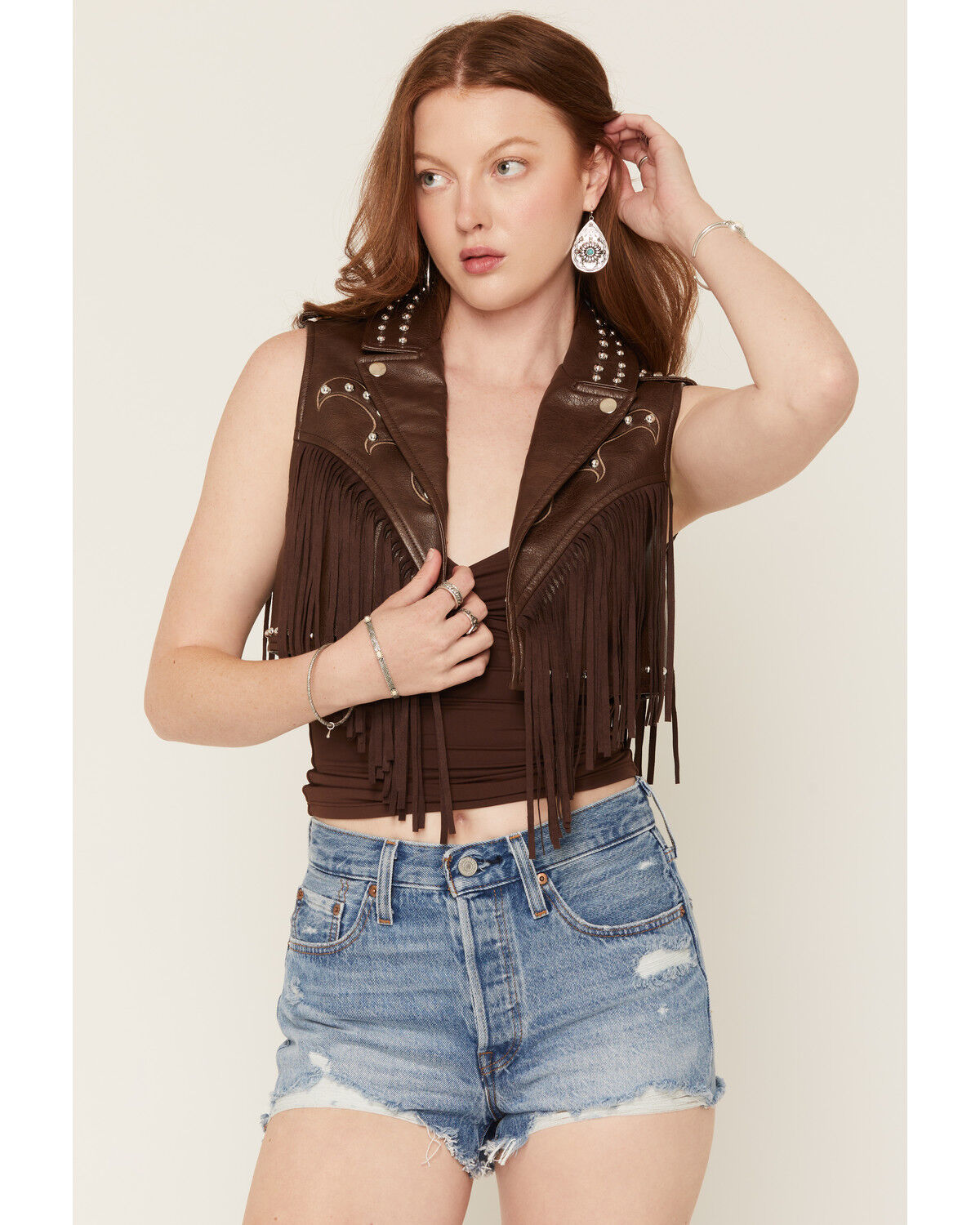 Azalea Wang Women's Reeceann Faux Leather Studded Fringe Cropped Vest, Brown, hi-res