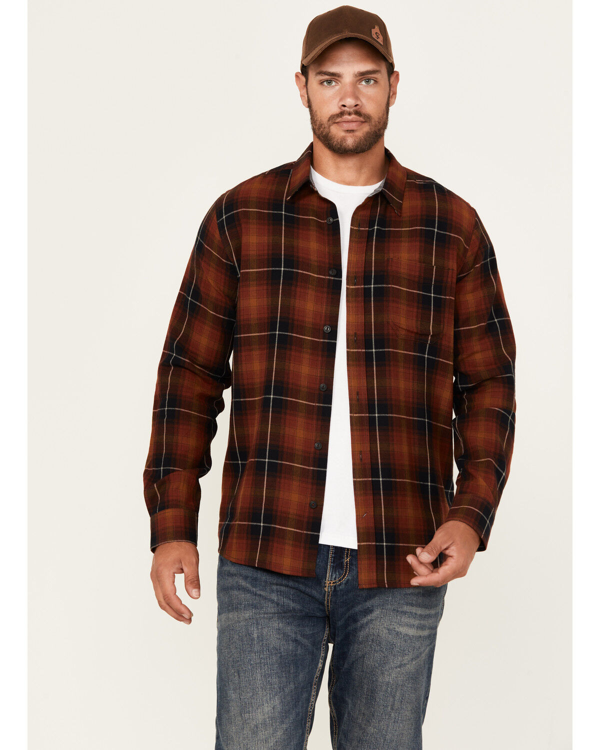 Image #1 - Brothers and Sons Men's Bask Plaid Print Long Sleeve Button-Down Western Shirt, Dark Orange, hi-res