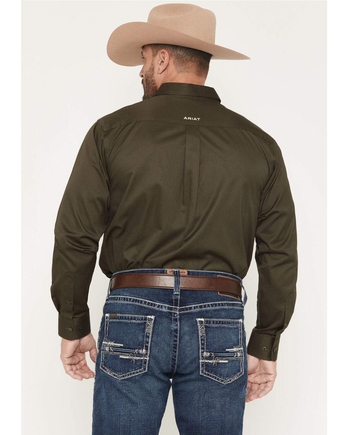 Image #4 - Ariat Men's Logo Solid Twill Long Sleeve Button-Down Western Shirt - Tall, Olive, hi-res