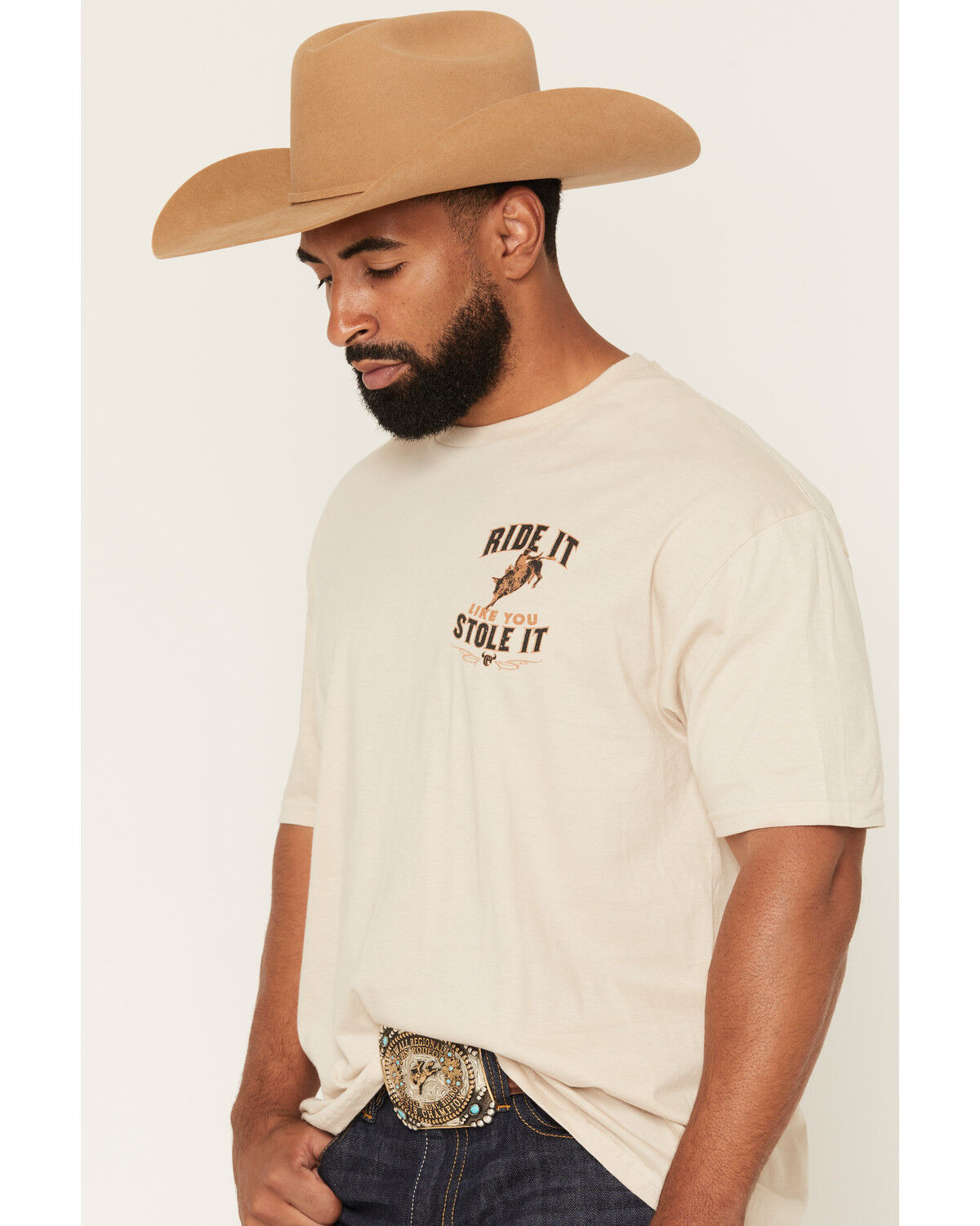Image #3 - Cowboy Hardware Men's Ride It Like You Stole It Short Sleeve Graphic T-Shirt, Tan, hi-res