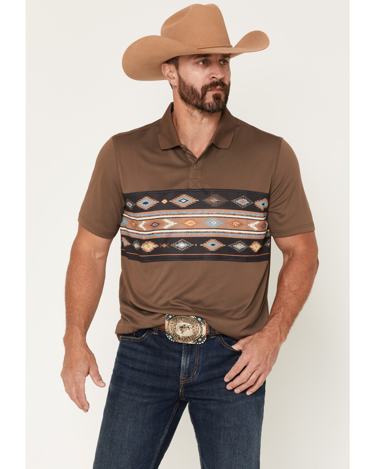 RANK 45&reg; Men's Sierra Noble Border Print Short Sleeve Button-Down Polo, Brown, hi-res