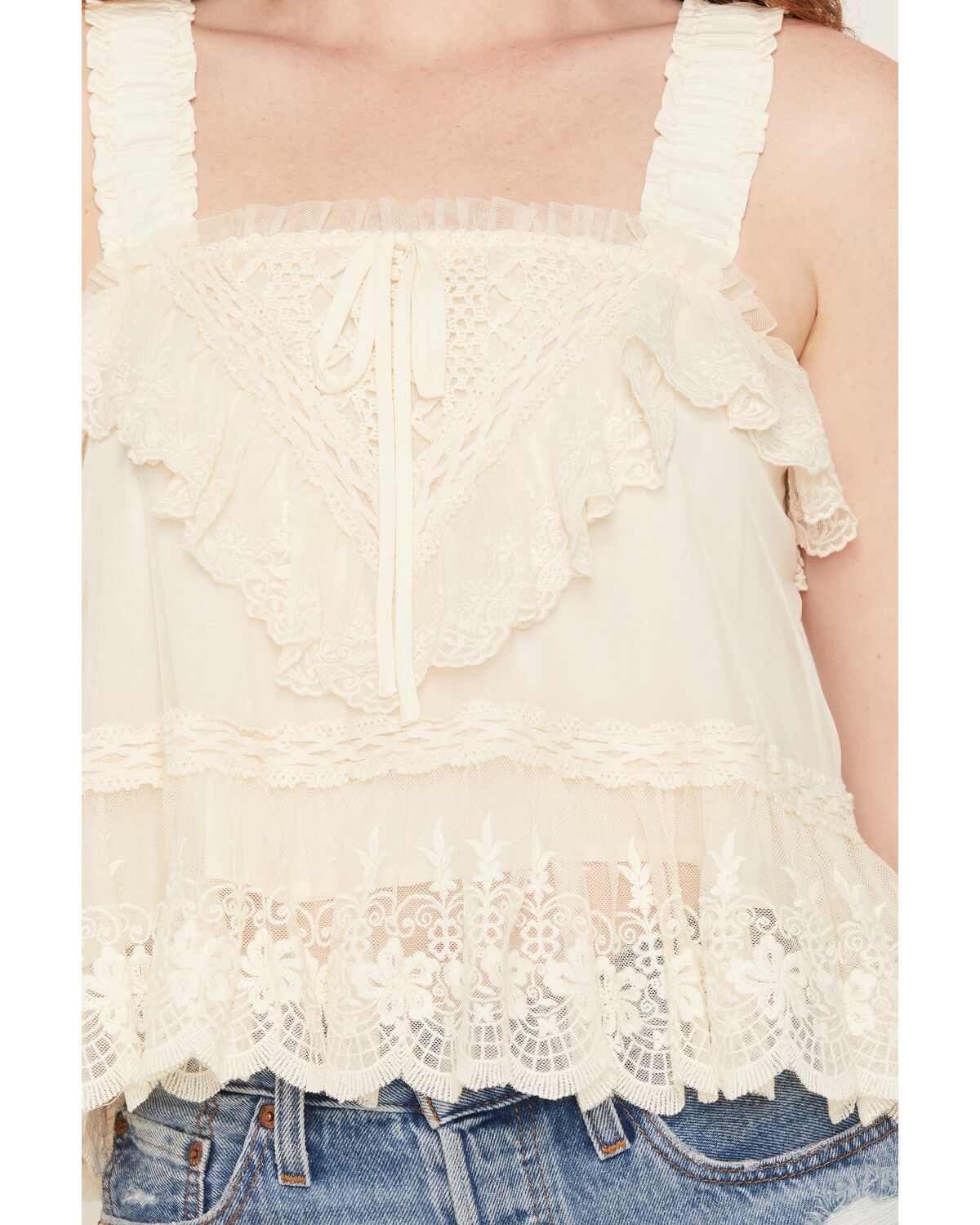 Image #3 - Miss Me Women's Sleeveless Lace Ruffle Top, Cream, hi-res